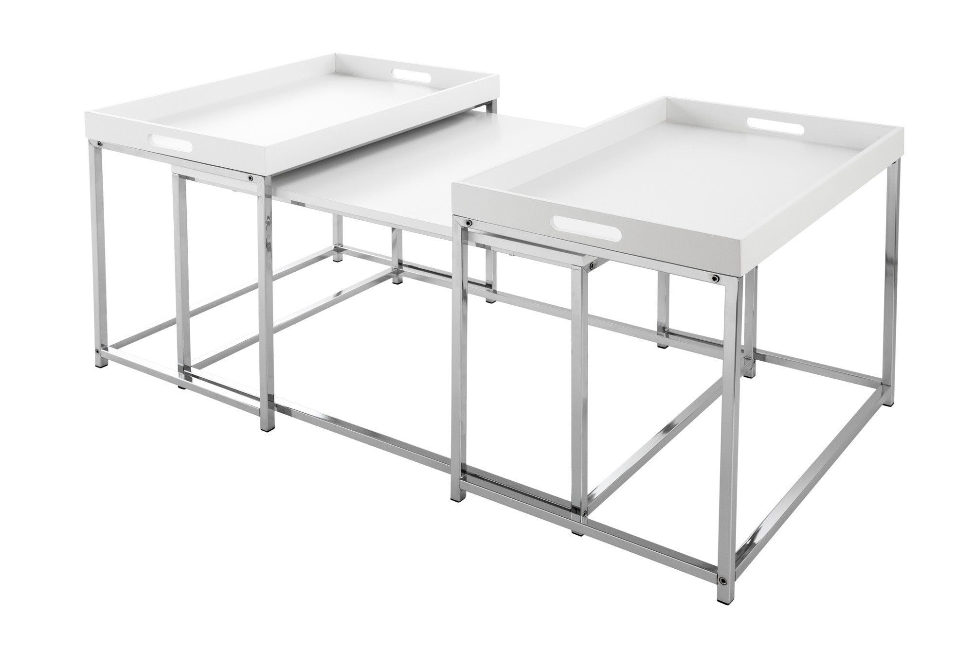Moderna mesa de centro juego de 3 ELEMENTS 75cm blanco cromado tapa extraíble