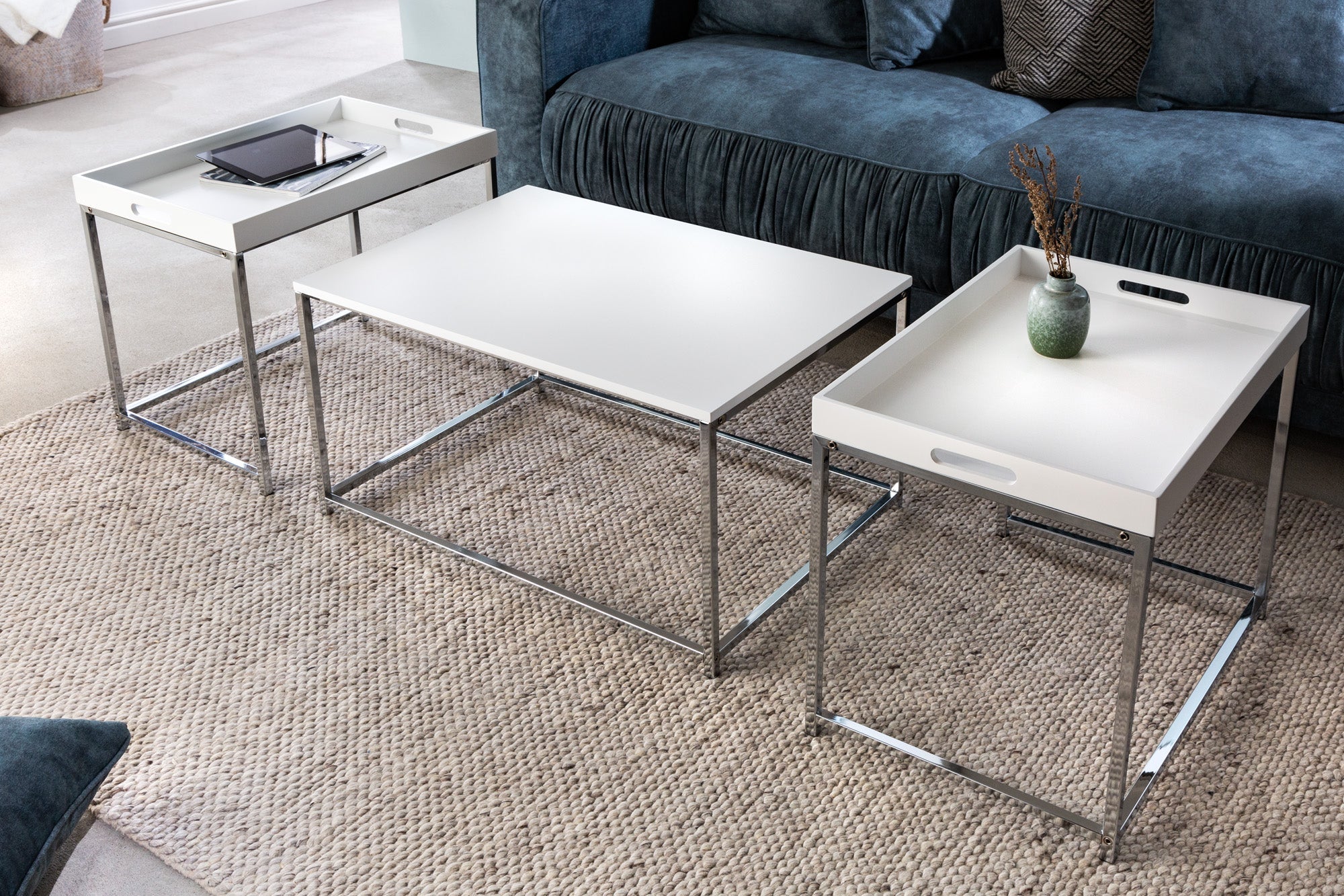 Moderna mesa de centro juego de 3 ELEMENTS 75cm blanco cromado tapa extraíble
