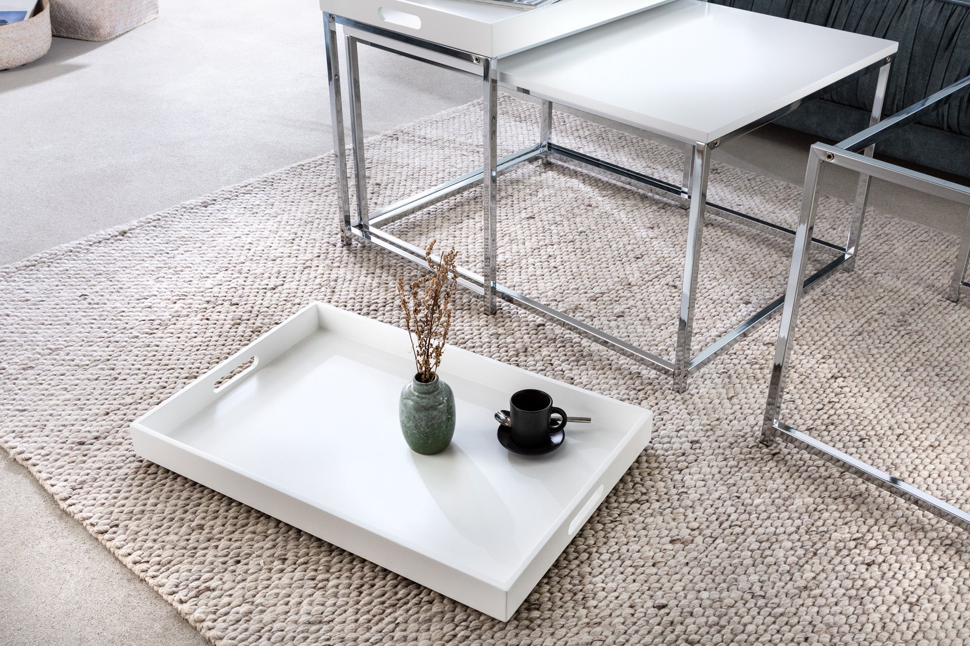 Moderna mesa de centro juego de 3 ELEMENTS 75cm blanco cromado tapa extraíble