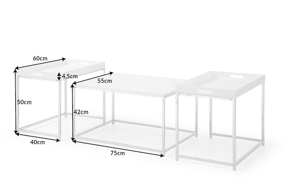 Moderna mesa de centro juego de 3 ELEMENTS 75cm blanco cromado tapa extraíble