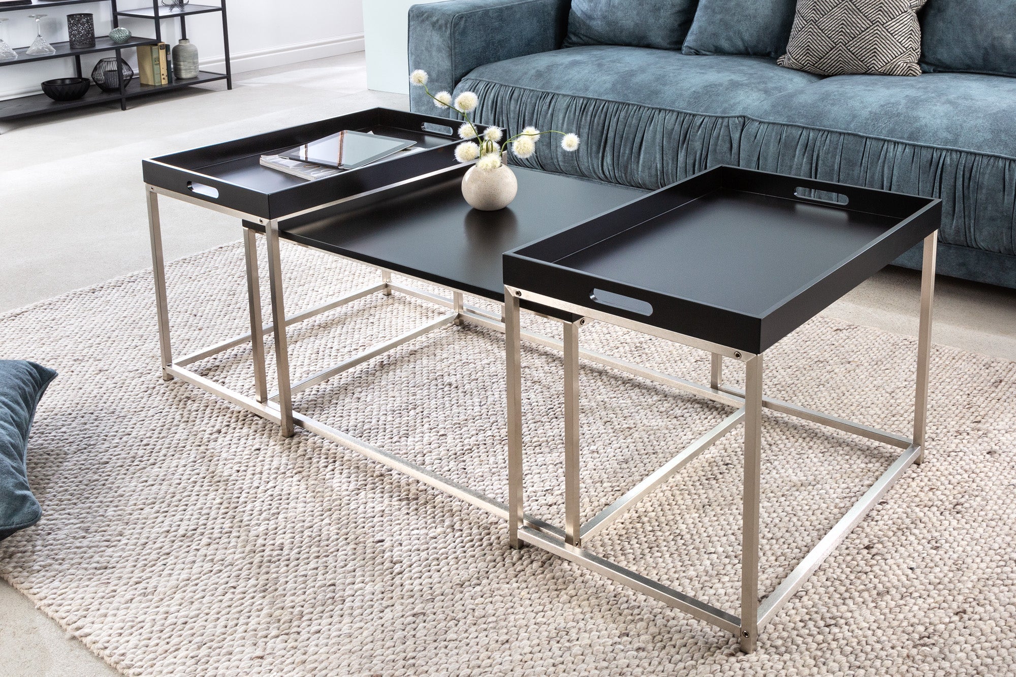 Moderna mesa de centro juego de 3 ELEMENTS 75cm tapa de acero negro extraíble