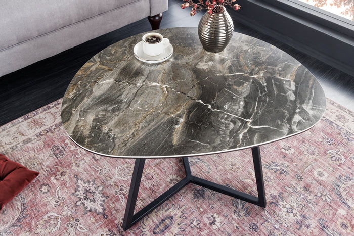 Table basse moderne MARVELOUS 70cm en céramique marbre taupe fabriquée en Italie