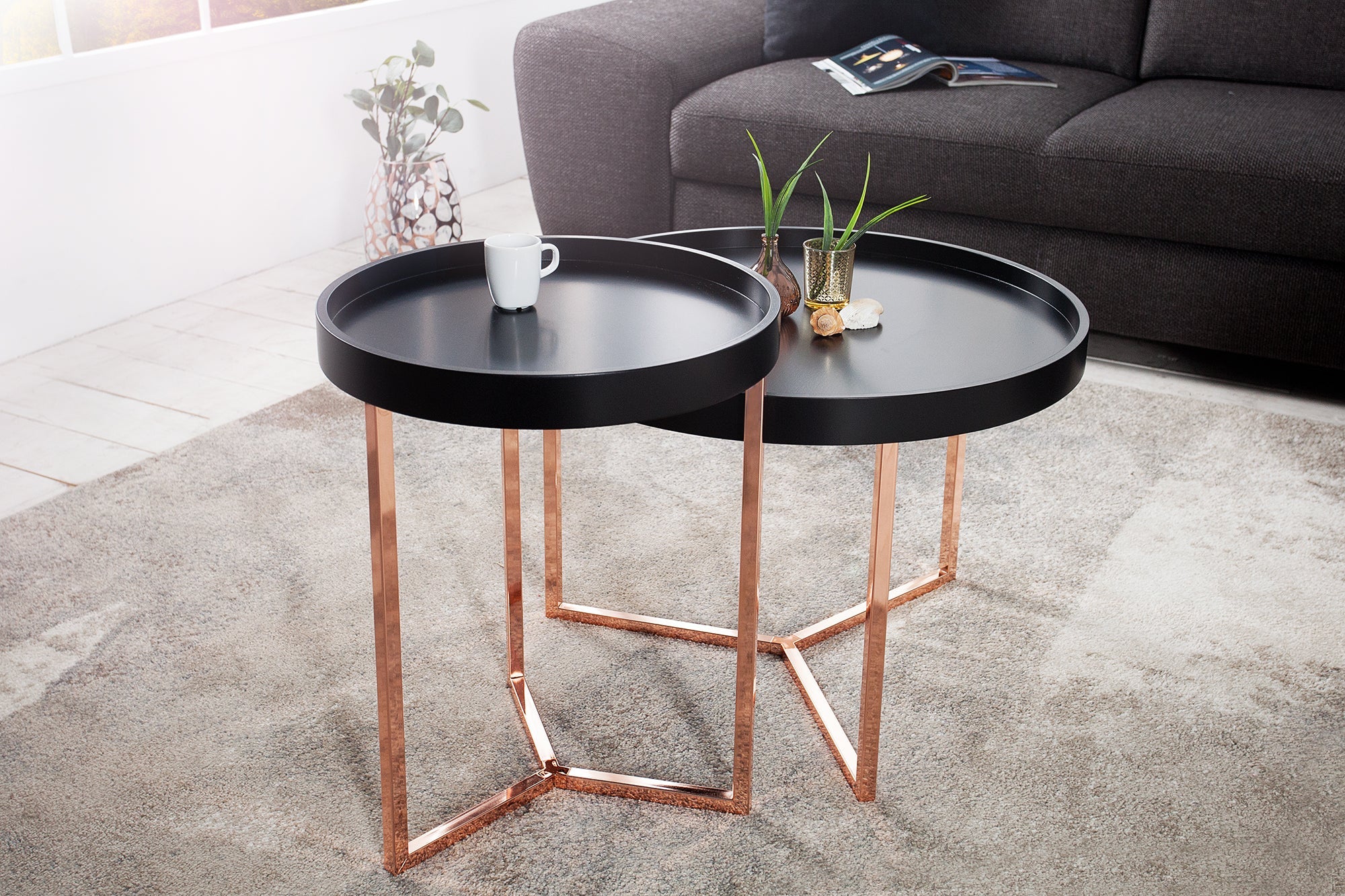 Extravagante mesa de centro redonda MODULAR de 60 cm en cobre negro mate con tapa
