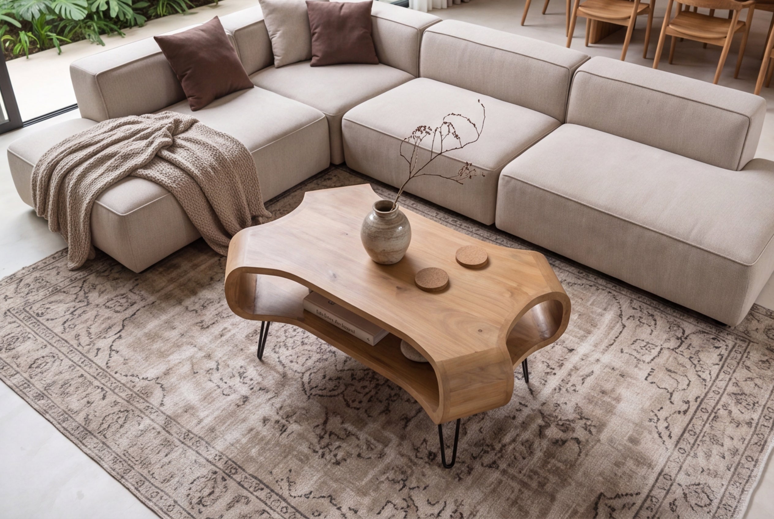 Table basse ORGANIC LIVING 100cm en bois de manguier finition crème naturelle avec pieds en épingle à cheveux