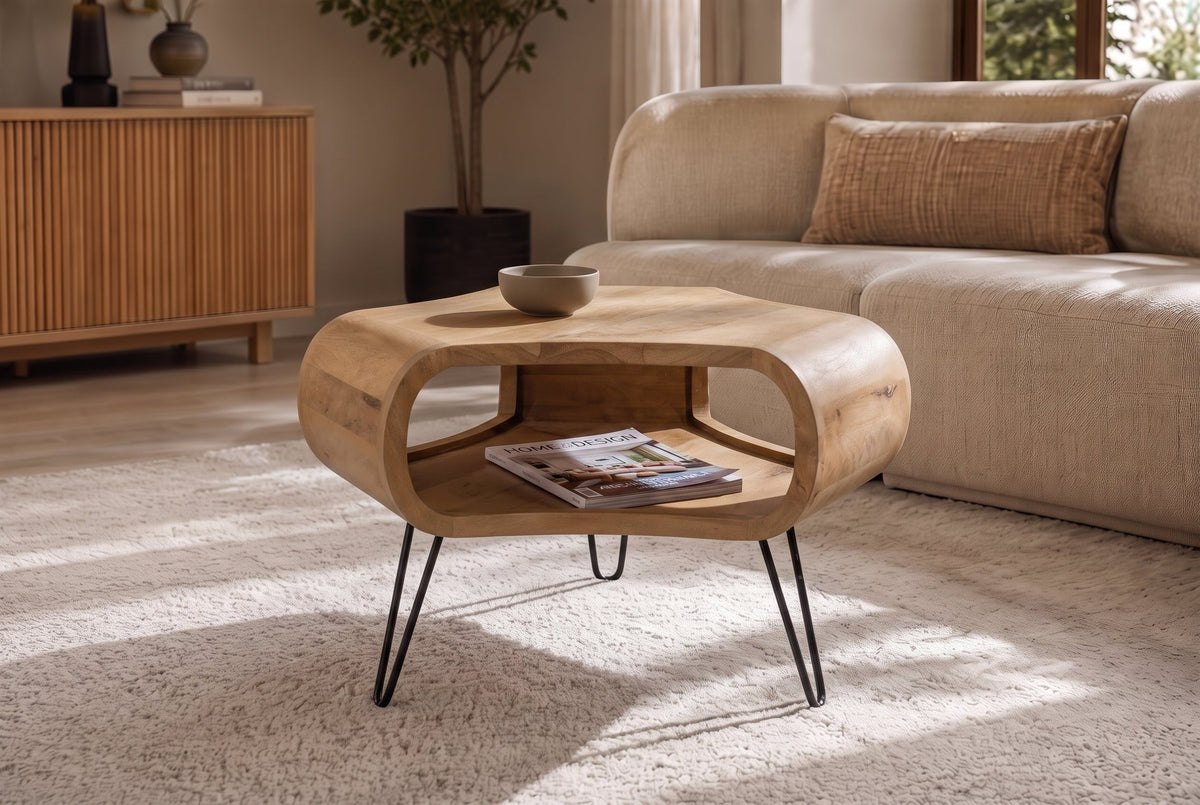 Table basse ORGANIC LIVING 70cm en bois de manguier finition crème naturelle avec pieds en épingle à cheveux