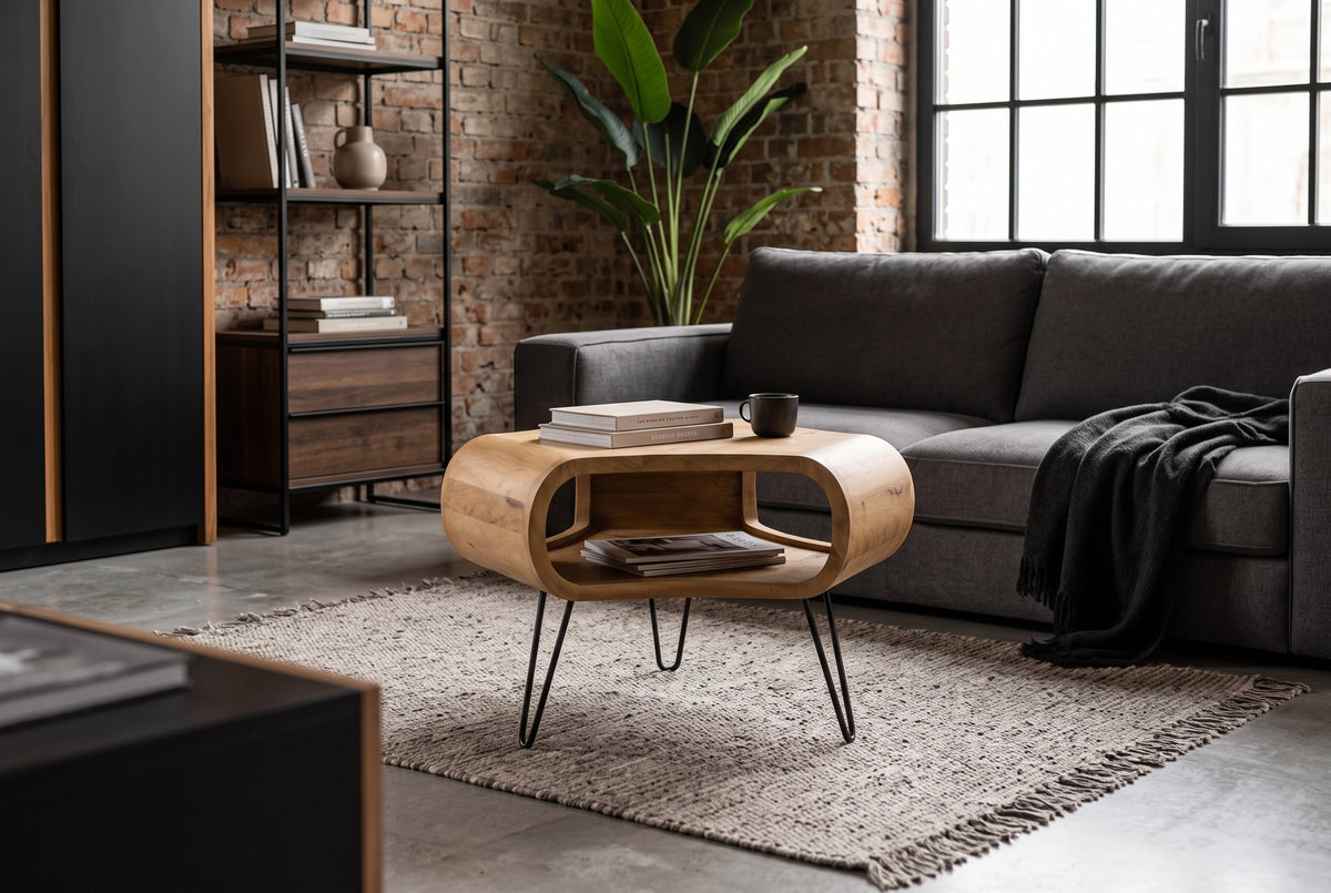 Table basse ORGANIC LIVING 70cm en bois de manguier finition crème naturelle avec pieds en épingle à cheveux