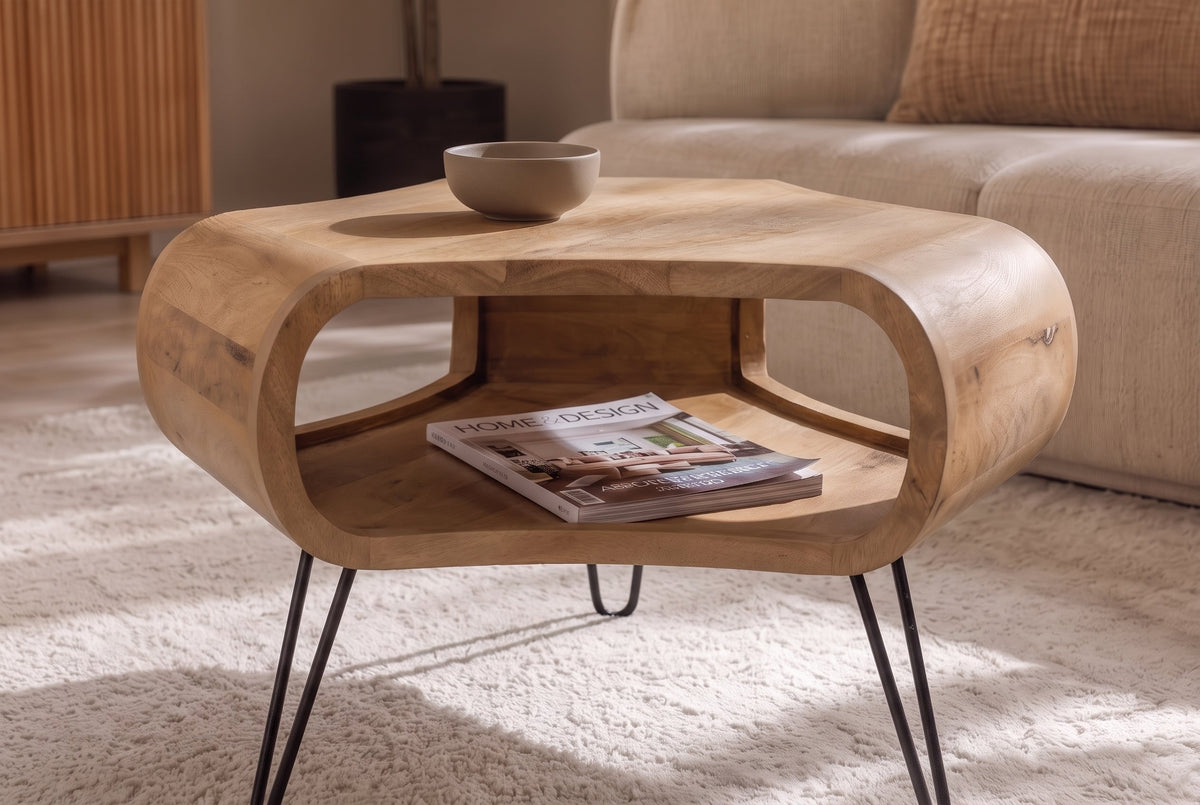 Table basse ORGANIC LIVING 70cm en bois de manguier finition crème naturelle avec pieds en épingle à cheveux