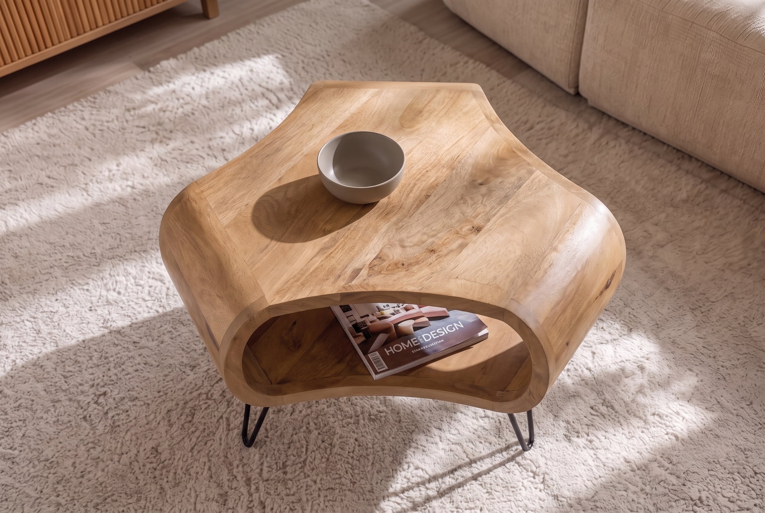 Table basse ORGANIC LIVING 70cm en bois de manguier finition crème naturelle avec pieds en épingle à cheveux