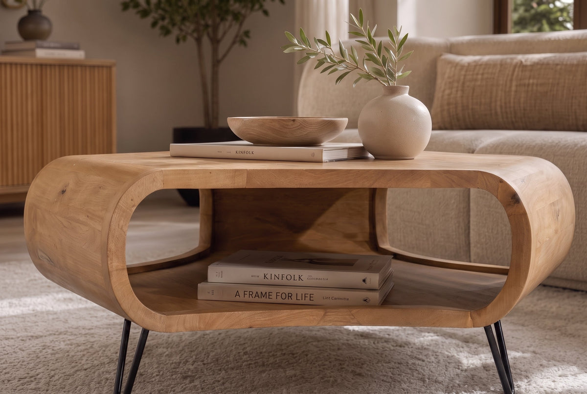 Table basse ORGANIC LIVING 90cm en bois de manguier finition crème naturelle avec pieds en épingle à cheveux