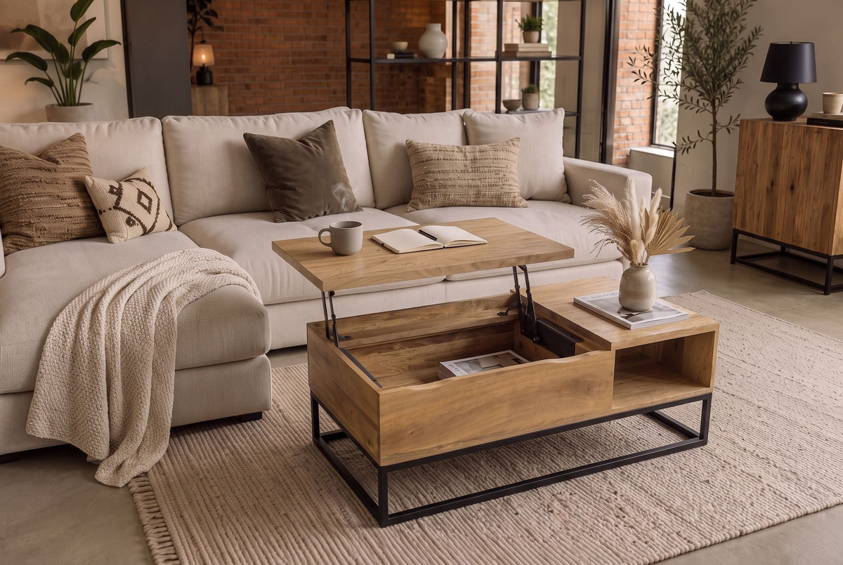 Table basse réglable en hauteur MAKASSAR FUNCTION 110cm en bois de manguier massif finition crème naturelle