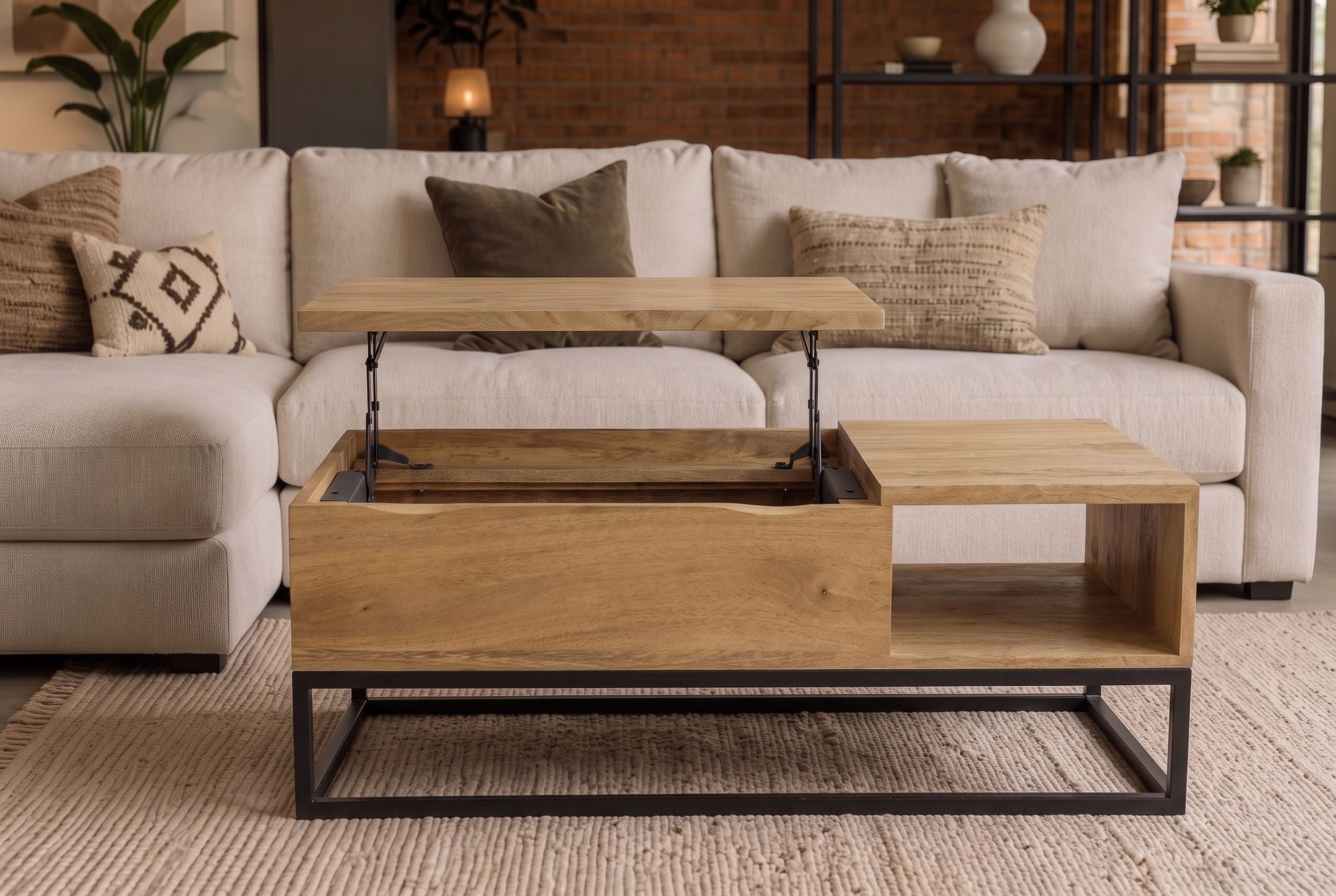 Table basse réglable en hauteur MAKASSAR FUNCTION 110cm en bois de manguier massif finition crème naturelle