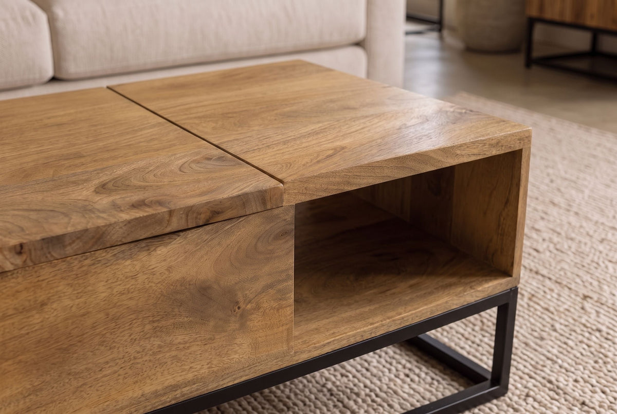 Table basse réglable en hauteur MAKASSAR FUNCTION 110cm en bois de manguier massif finition crème naturelle