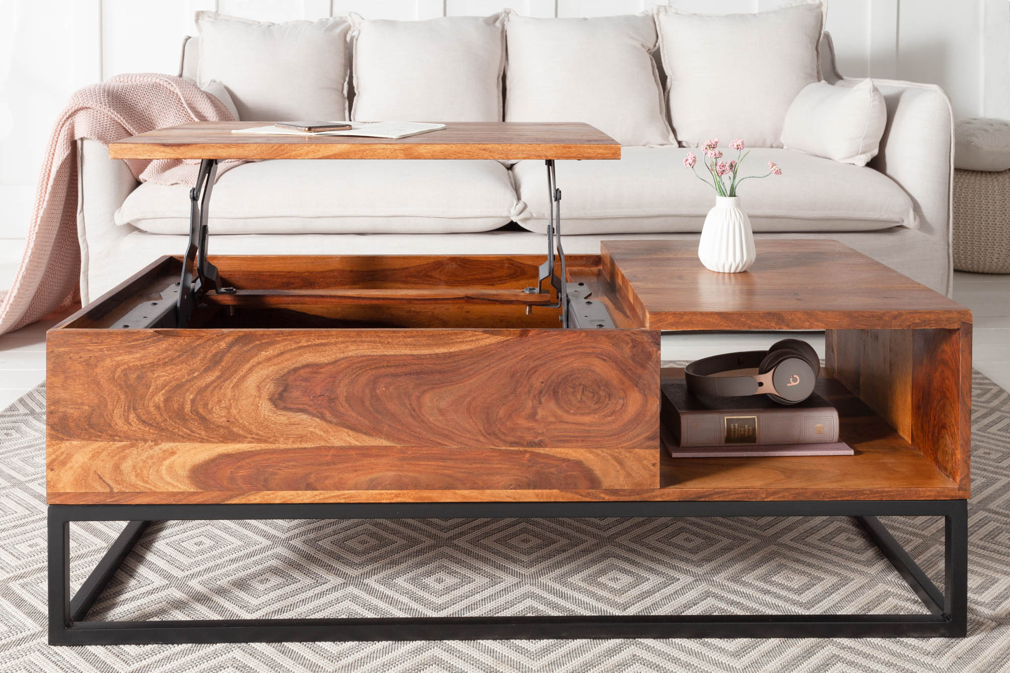 MAKASSAR FUNCTION Mesa de centro regulable en altura de 110 cm de madera maciza de Sheesham marrón con acabado de piedra