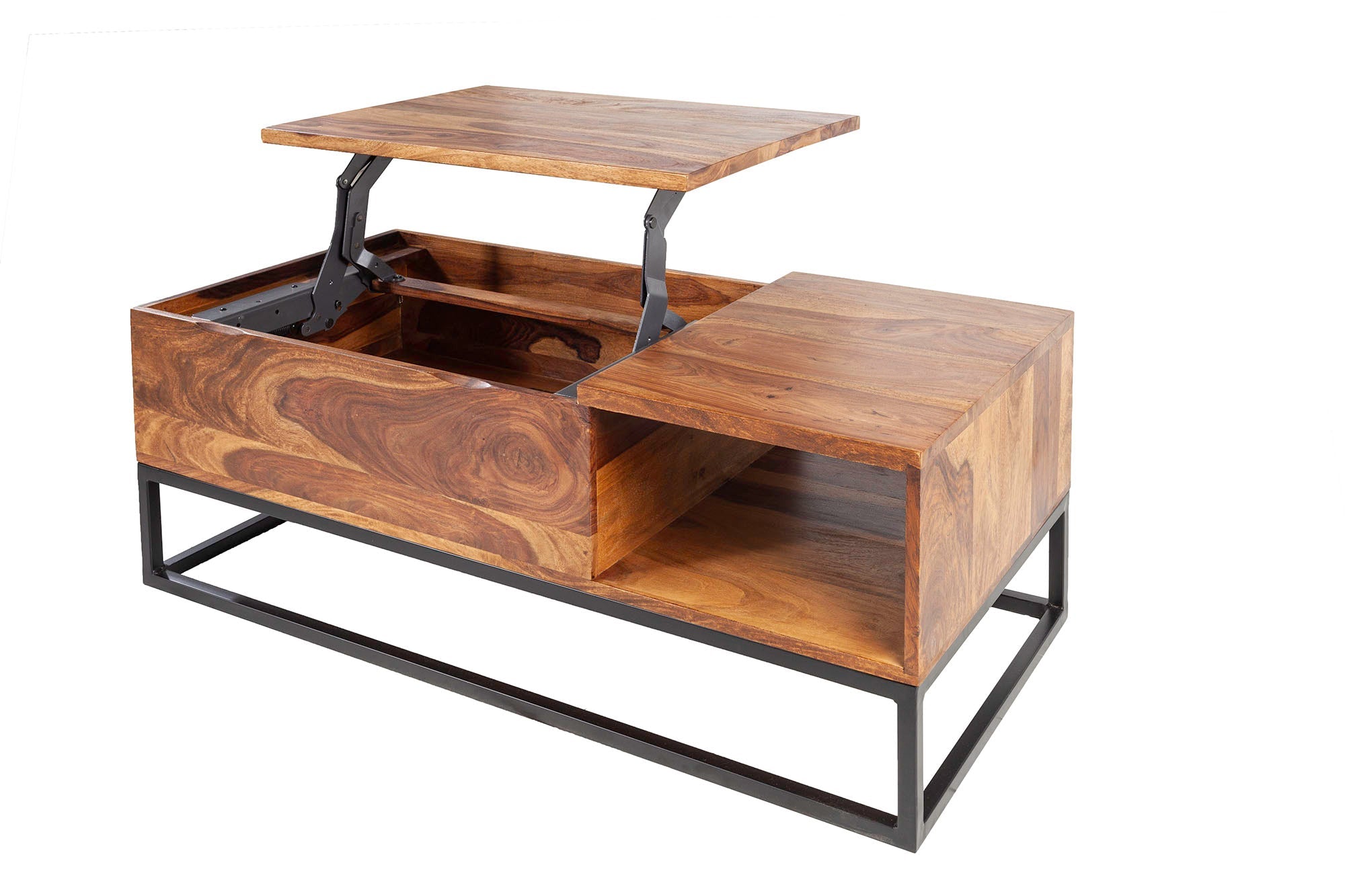 MAKASSAR FUNCTION Mesa de centro regulable en altura de 110 cm de madera maciza de Sheesham marrón con acabado de piedra
