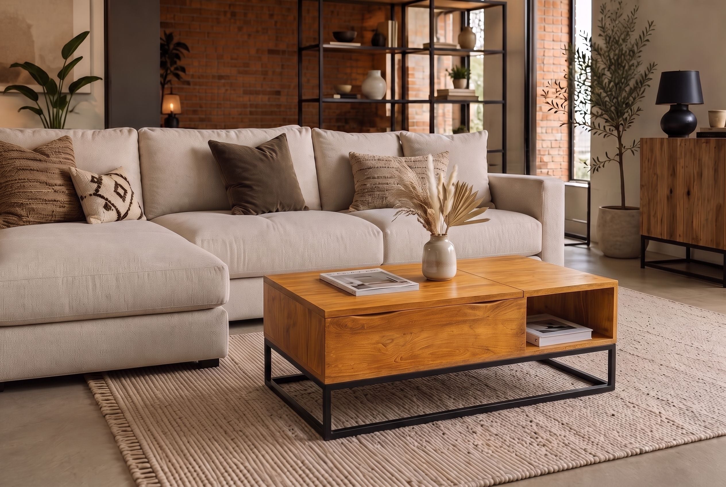 Table basse réglable en hauteur MAKASSAR FUNCTION 110cm en manguier marron finition miel