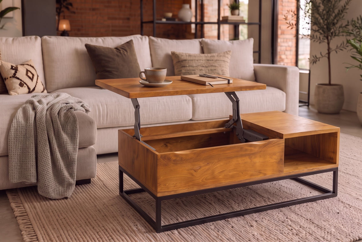 Table basse réglable en hauteur MAKASSAR FUNCTION 110cm en manguier marron finition miel