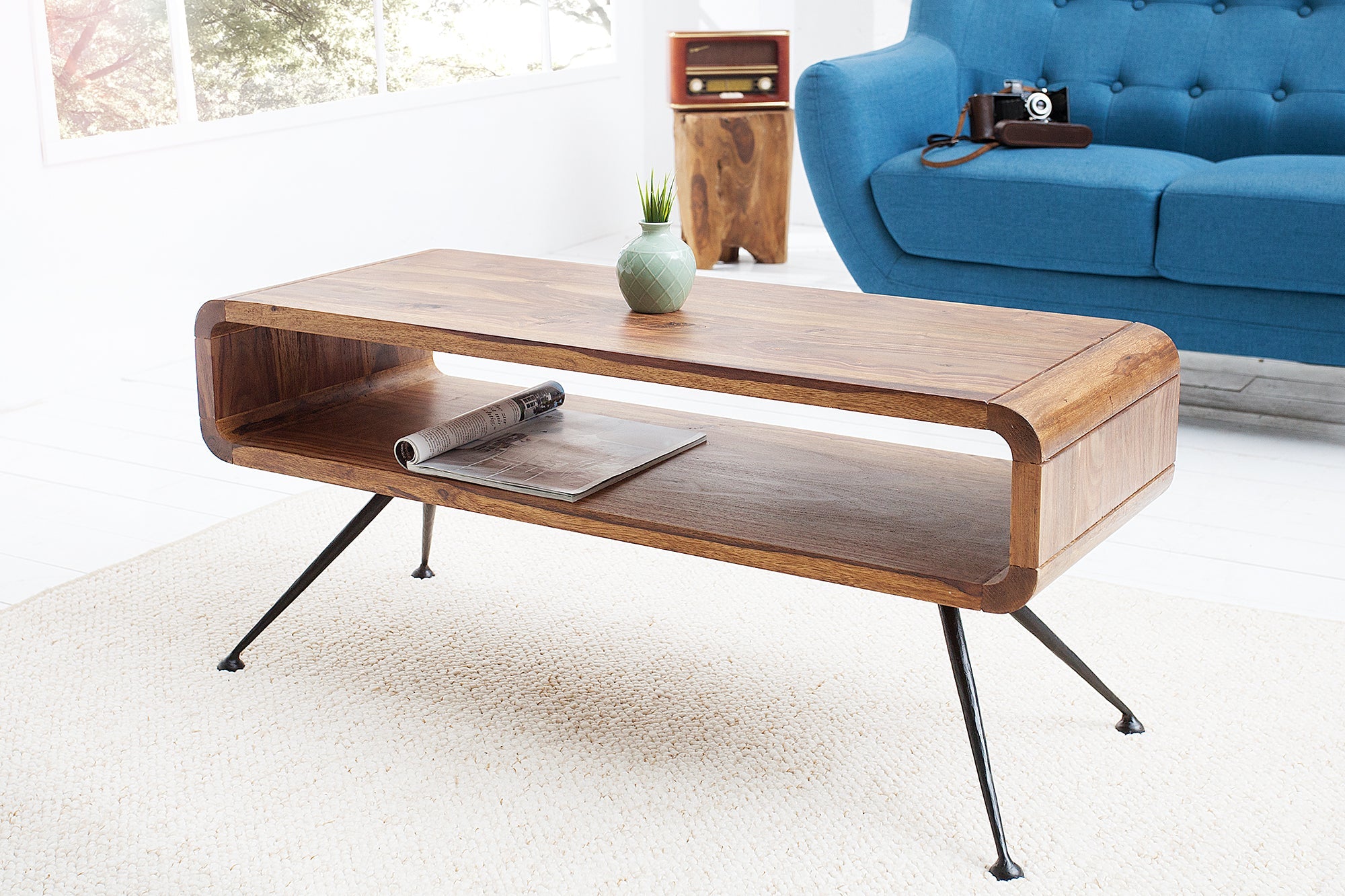 Mesa de centro retro ALPHA 100cm madera maciza de Sheesham marrón con patas de metal negro acabado piedra