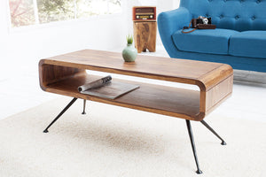 Table basse rétro ALPHA 100cm bois massif de Sheesham marron finition pierre pieds métal noir