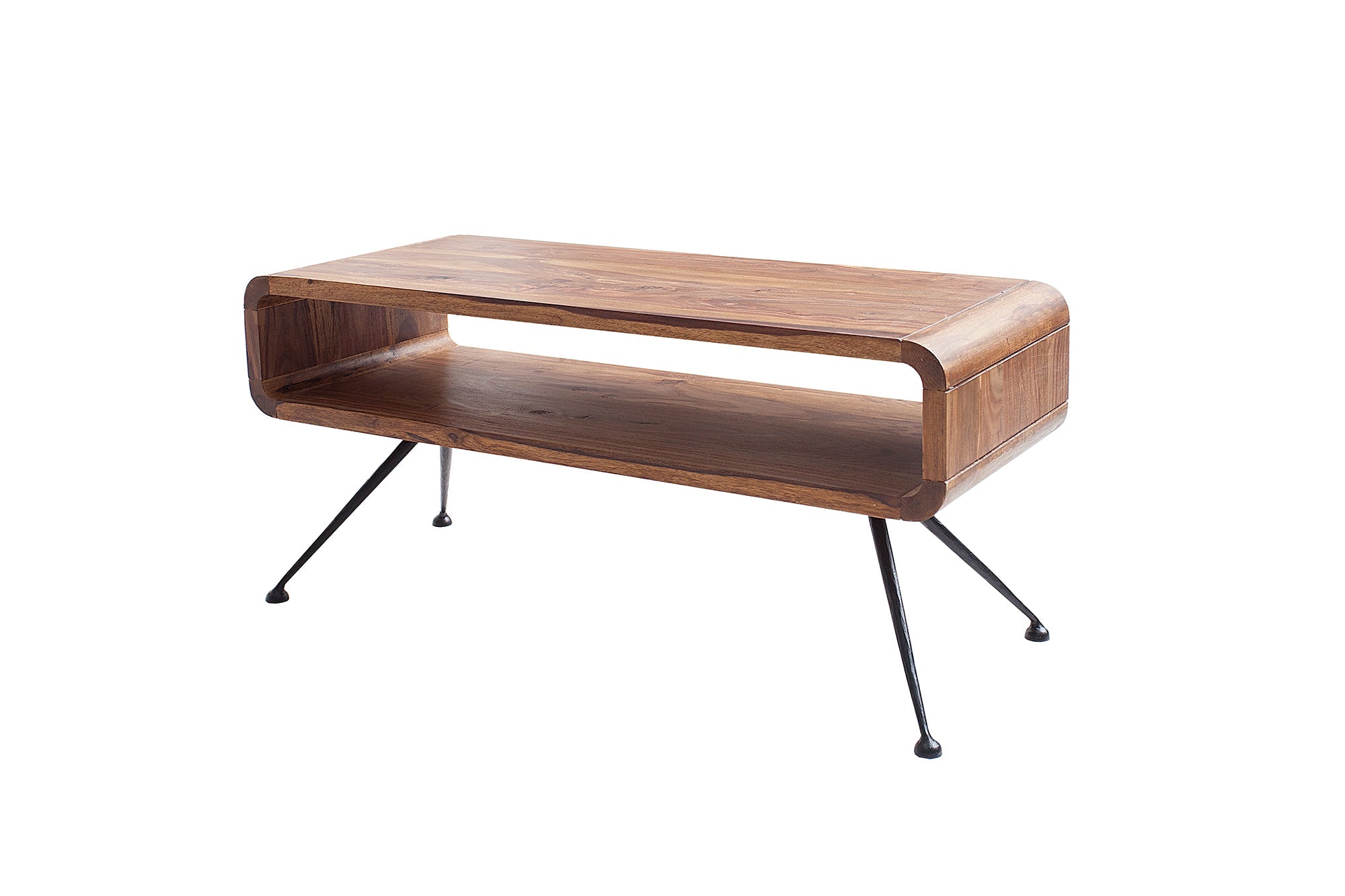 Mesa de centro retro ALPHA 100cm madera maciza de Sheesham marrón con patas de metal negro acabado piedra
