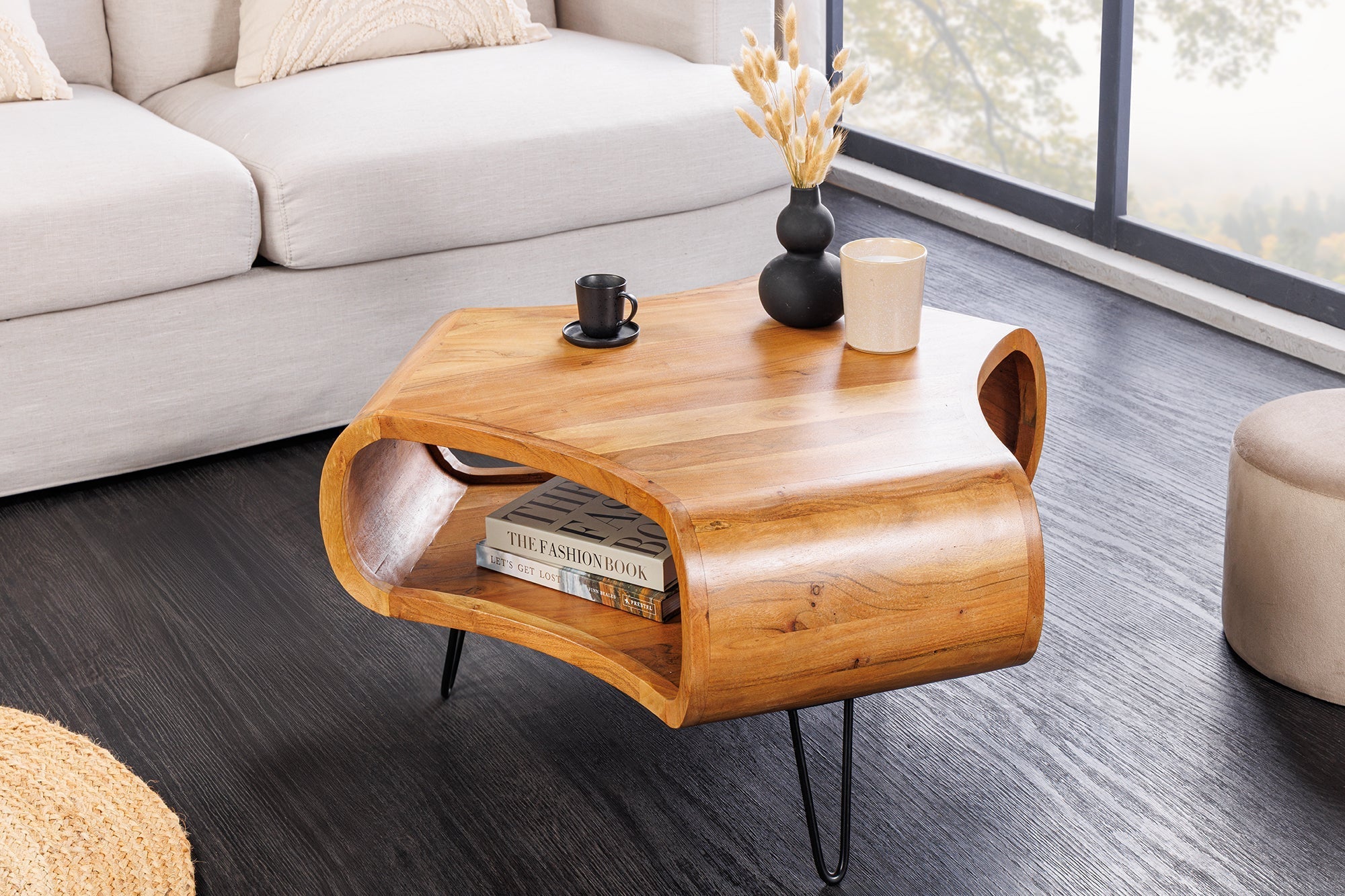 Table basse rétro ORGANIC LIVING 70cm bois massif d’acacia marron finition miel espace de rangement