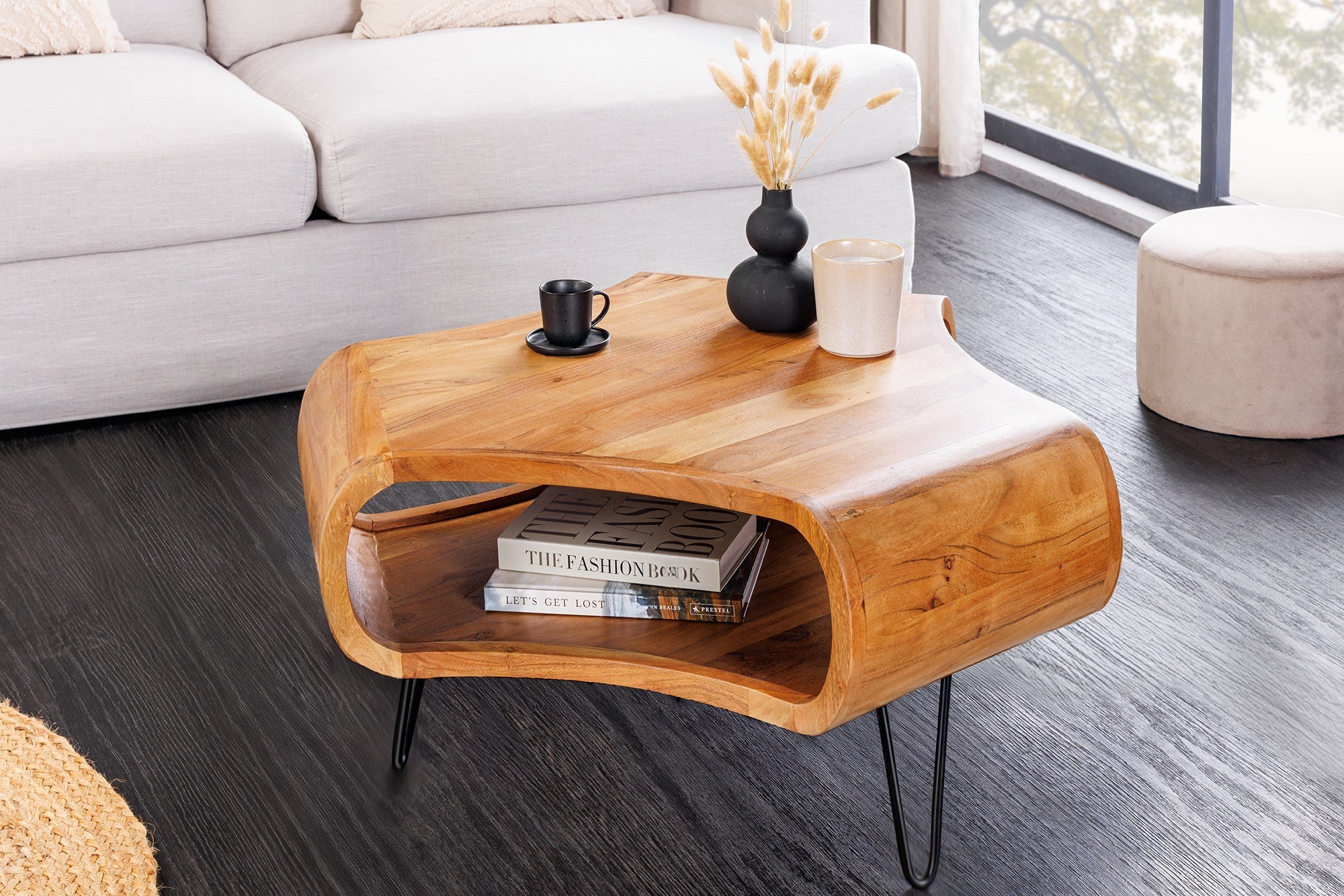 Table basse rétro ORGANIC LIVING 70cm bois massif d’acacia marron finition miel espace de rangement