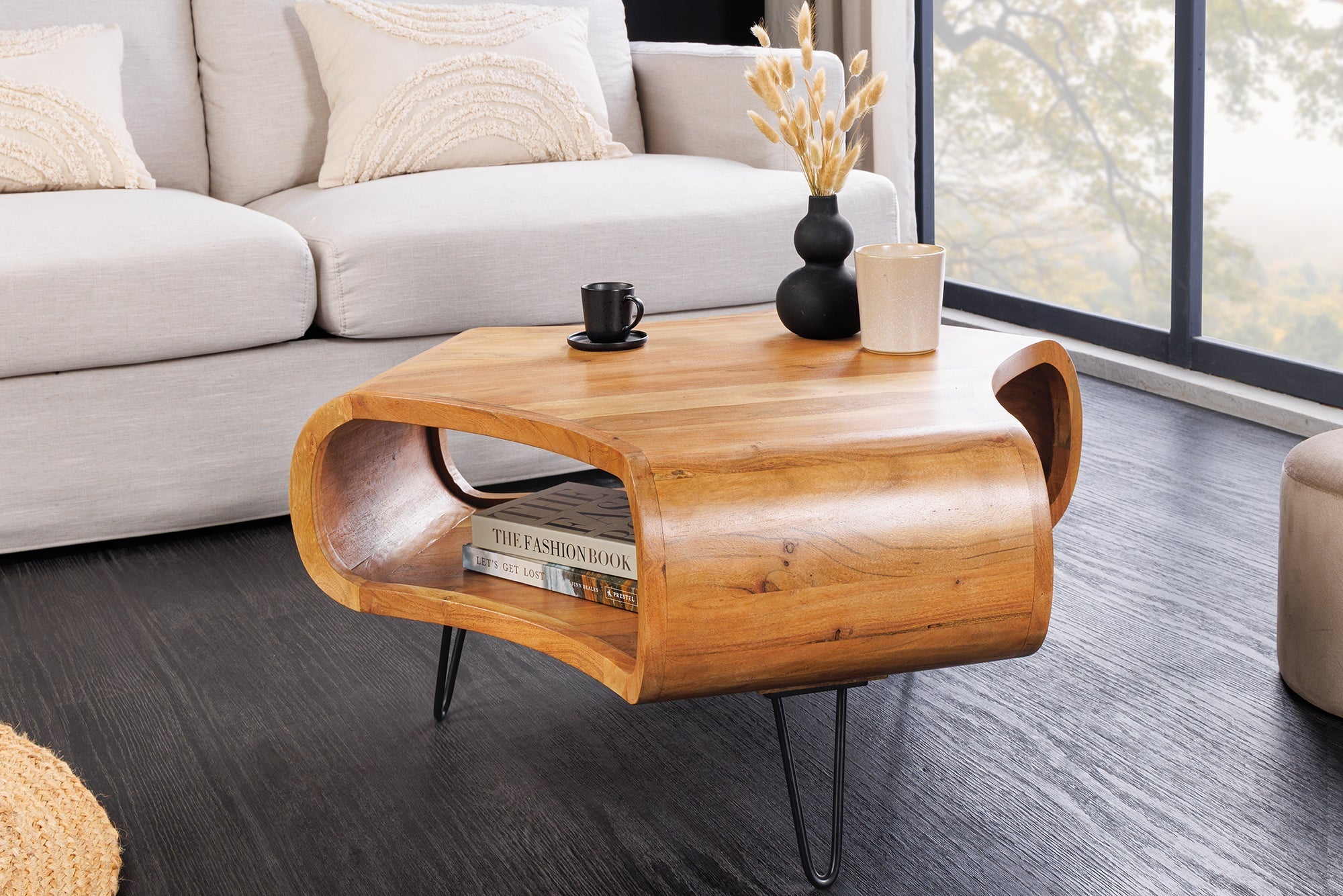 Table basse rétro ORGANIC LIVING 70cm bois massif d’acacia marron finition miel espace de rangement