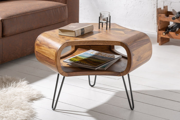Table basse rétro ORGANIC LIVING 70cm bois massif sheesham marron finition pierre espace de rangement