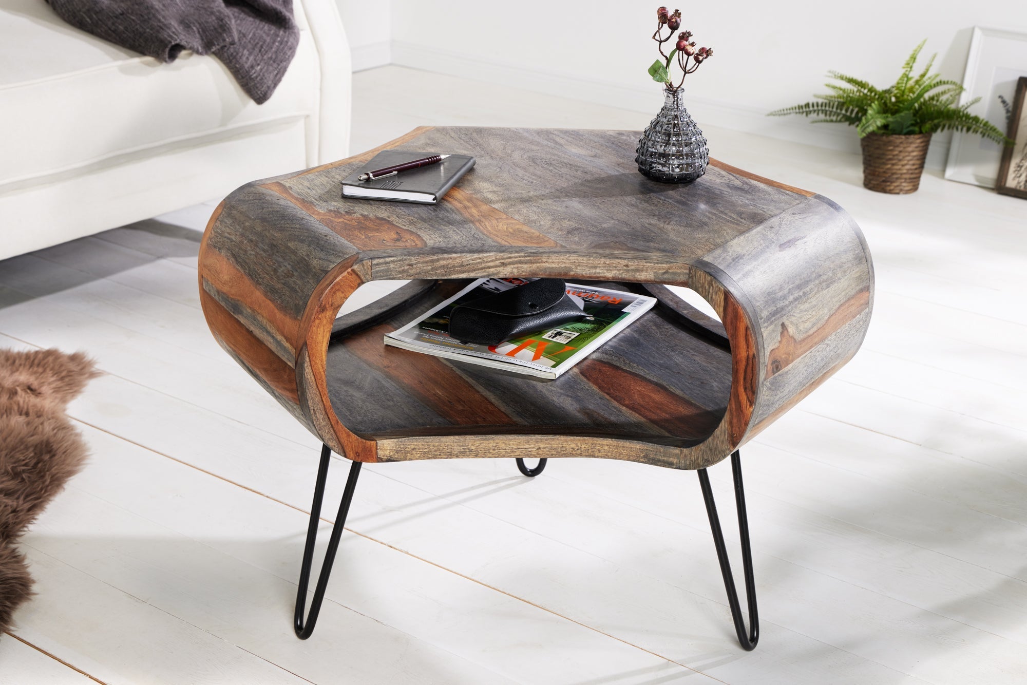 Table basse rétro ORGANIC LIVING 70cm en bois de Sesham massif gris avec espace de rangement Pieds en épingle à cheveux