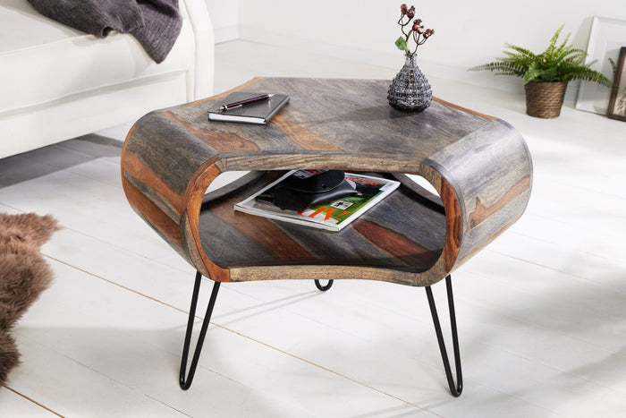 Table basse rétro ORGANIC LIVING 70cm en bois de Sesham massif gris avec espace de rangement Pieds en épingle à cheveux