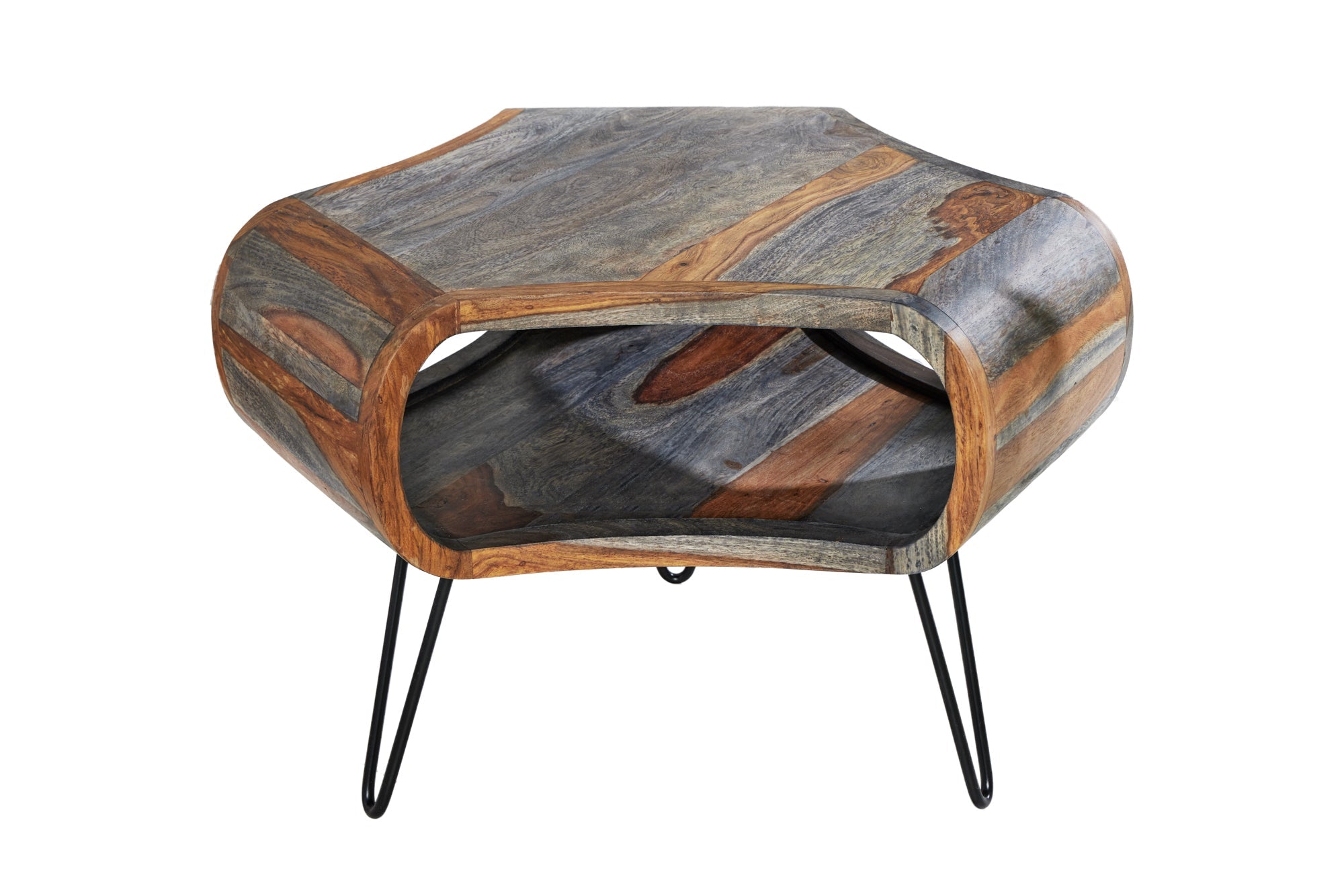 Table basse rétro ORGANIC LIVING 70cm en bois de Sesham massif gris avec espace de rangement Pieds en épingle à cheveux