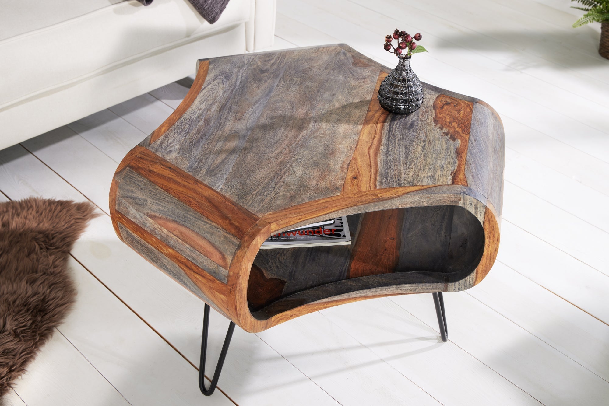 Table basse rétro ORGANIC LIVING 70cm en bois de Sesham massif gris avec espace de rangement Pieds en épingle à cheveux