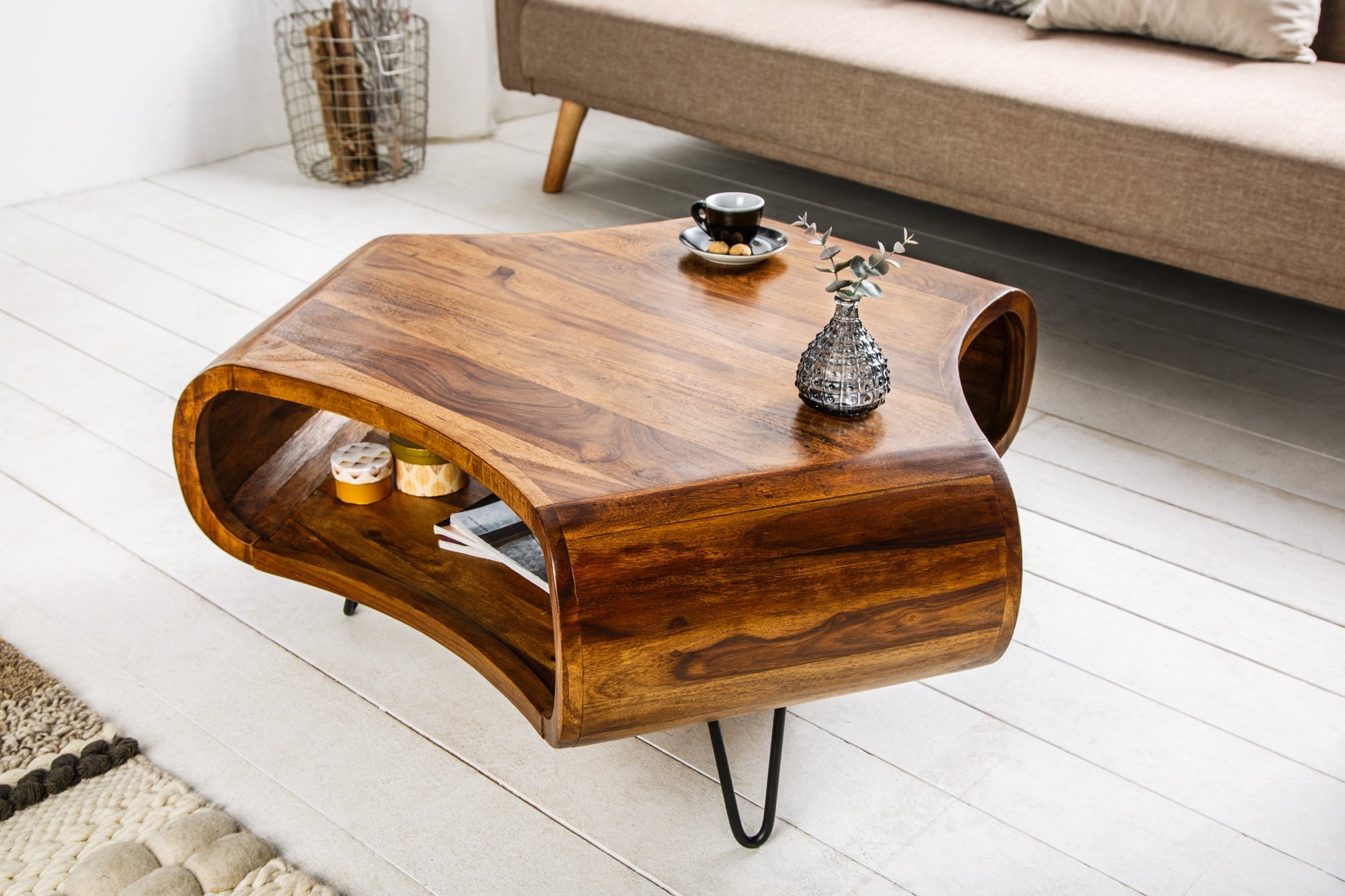 ORGANIC LIVING mesa de centro retro 90cm marrón Sheesham madera maciza acabado piedra espacio de almacenamiento