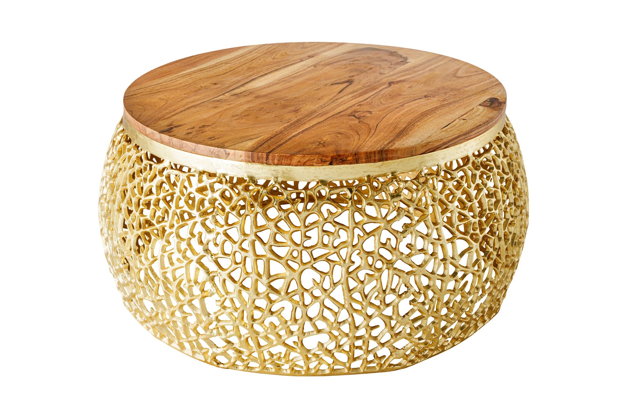 Table basse ronde ABSTRACT LEAF 75cm métal doré bois d’acacia massif filigrane artisanat