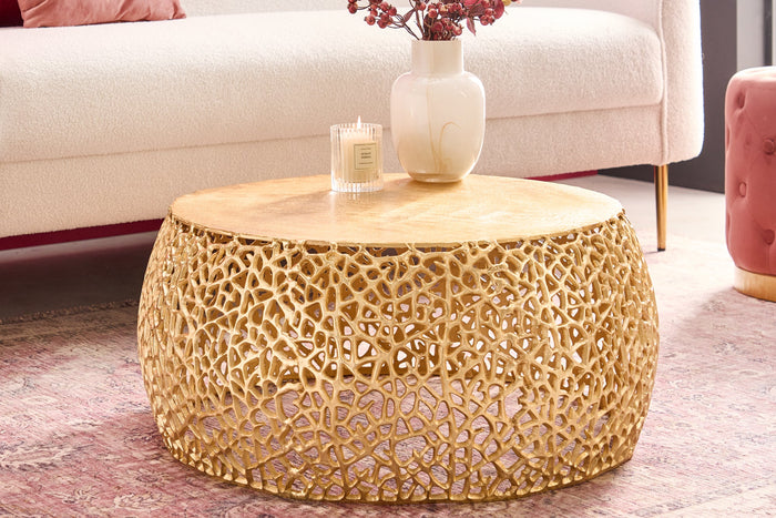 Table basse ronde ABSTRACT LEAF 75cm métal doré filigrane design vintage artisanal