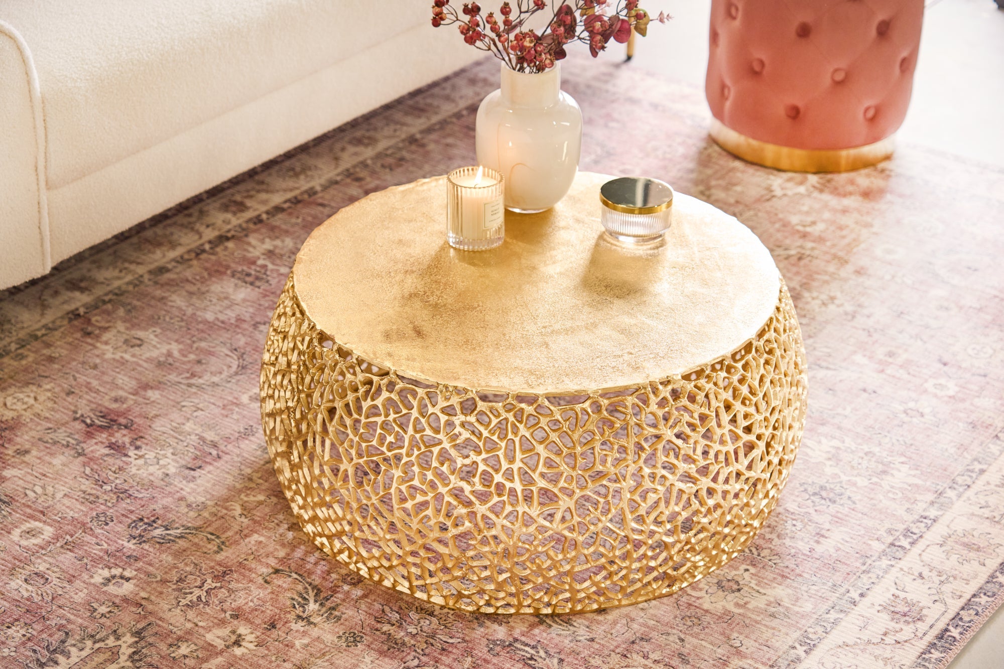 ABSTRACT LEAF mesa de centro redonda 75cm metal dorado filigrana vintage diseño artesanal