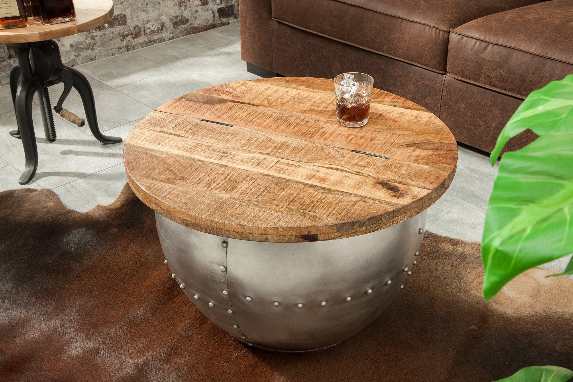 Table basse ronde DRUMP STORAGE 70cm en bois de manguier argenté naturel avec espace de rangement fait main industriel