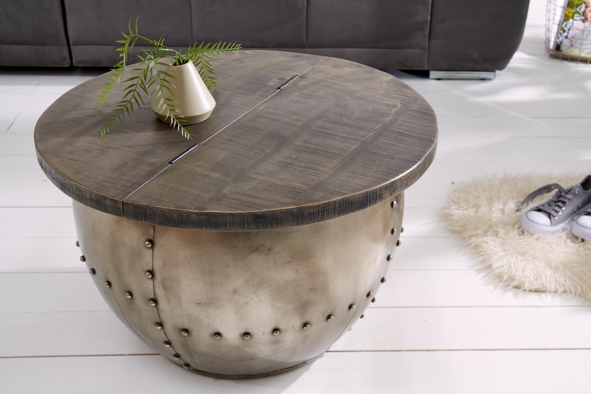 Table basse ronde DRUMP STORAGE 70cm gris argent en bois de manguier massif avec espace de rangement fait main