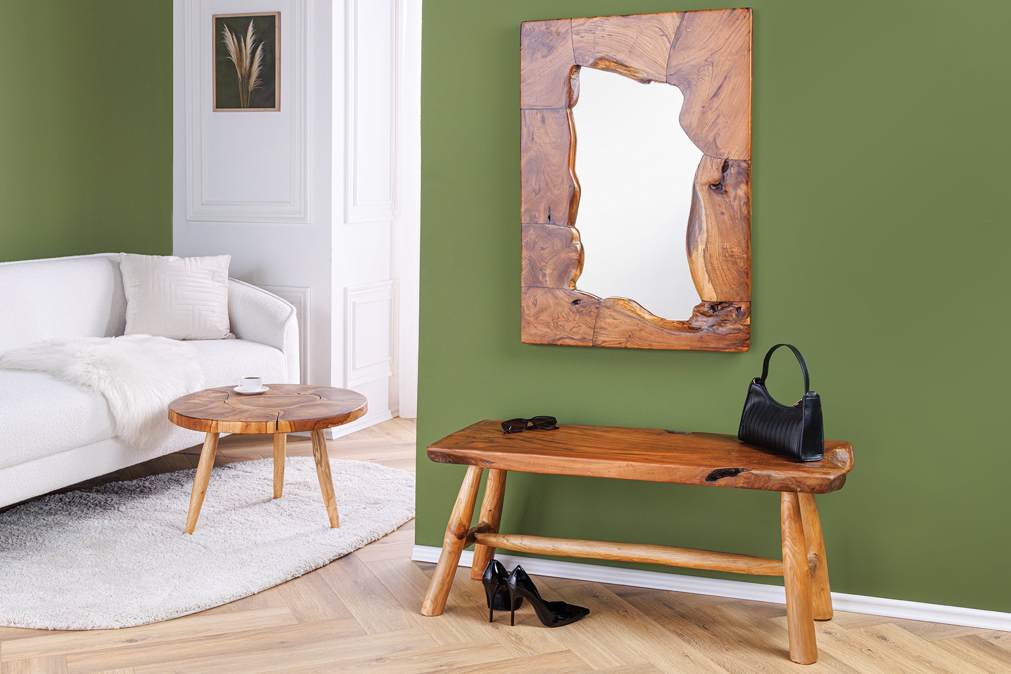 MOSAIC Mesa de centro redonda de madera maciza de 60 cm hecha a mano con tronco de árbol de teca natural