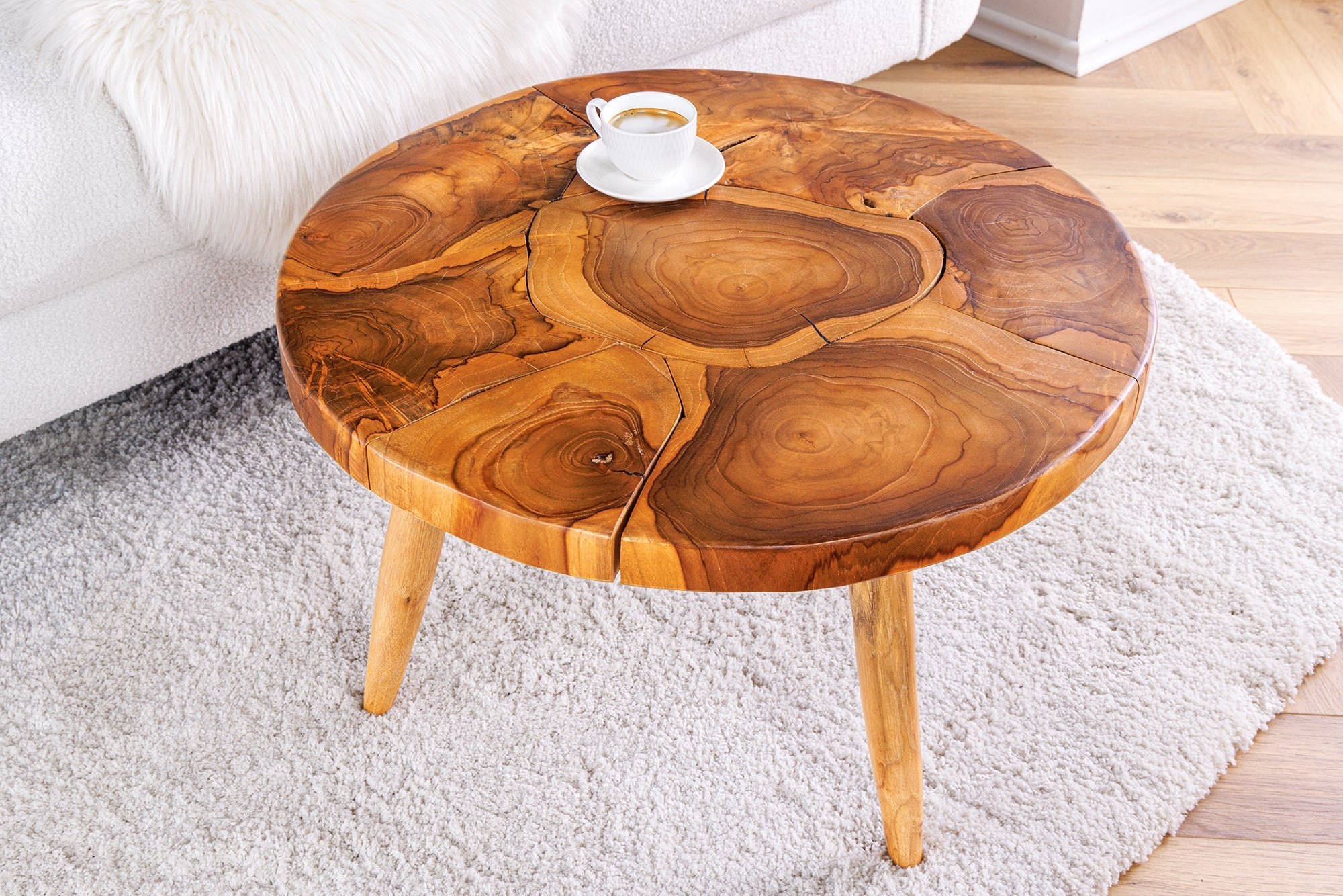 MOSAIC Mesa de centro redonda de madera maciza de 60 cm hecha a mano con tronco de árbol de teca natural