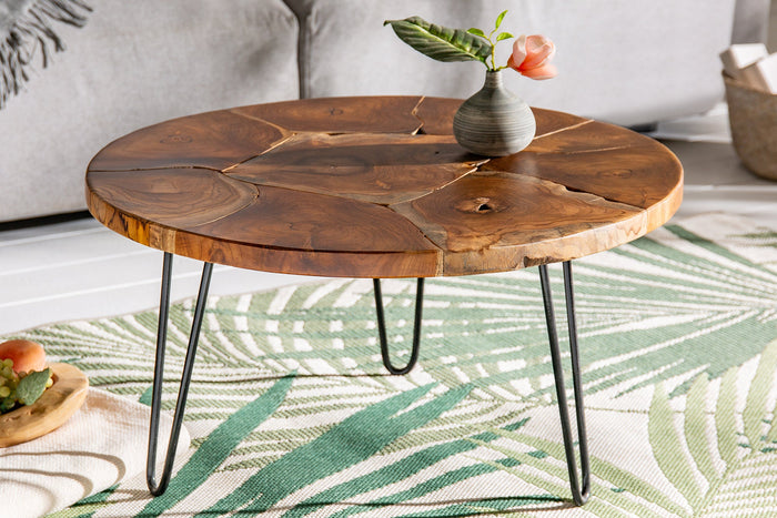 Table basse ronde en bois massif MOSAIC 70cm teck naturel pieds épingles métal noir fait main