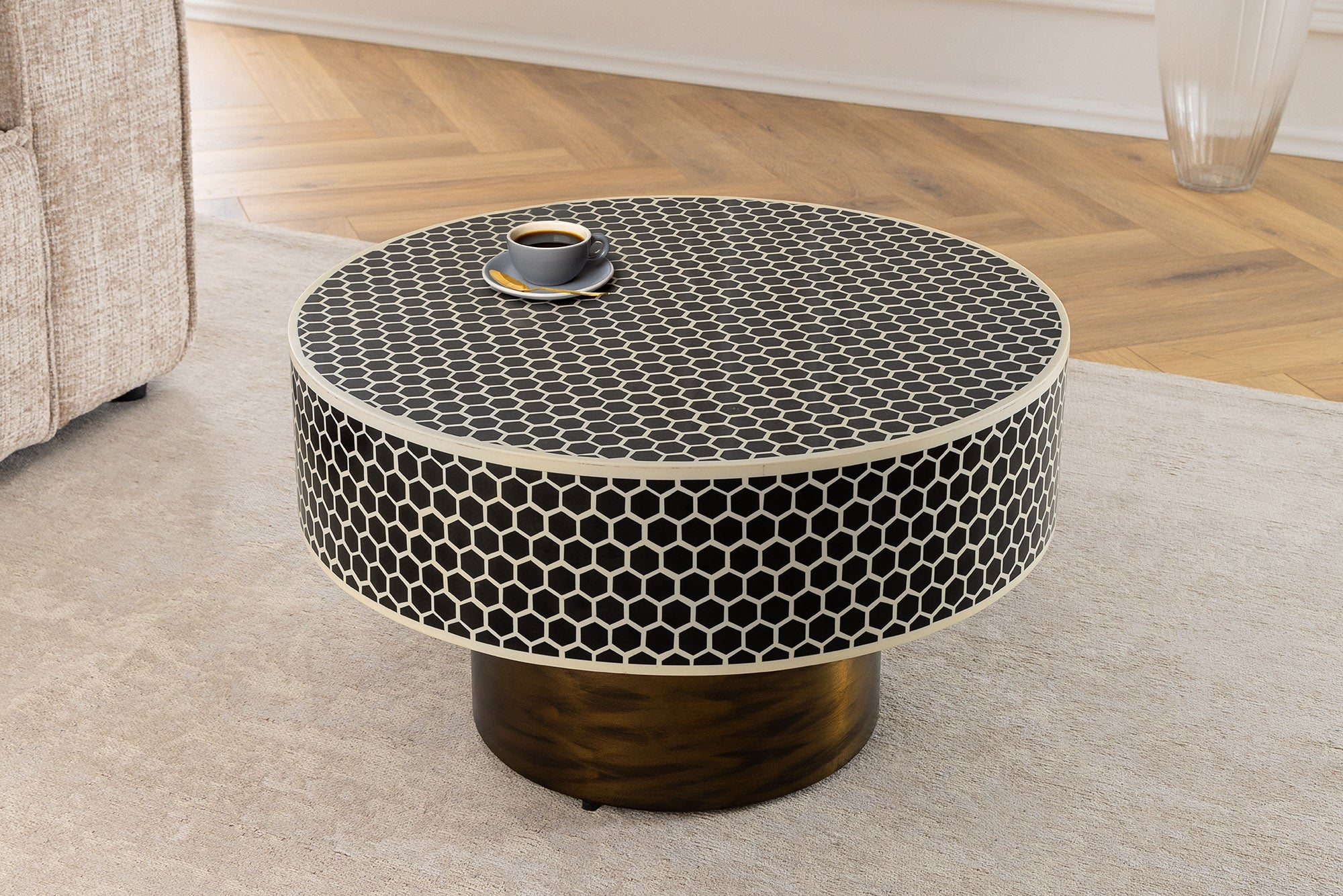 HARMONY NATURE mesa de centro redonda de marquetería de hueso 60cm negro blanco incrustación de oro