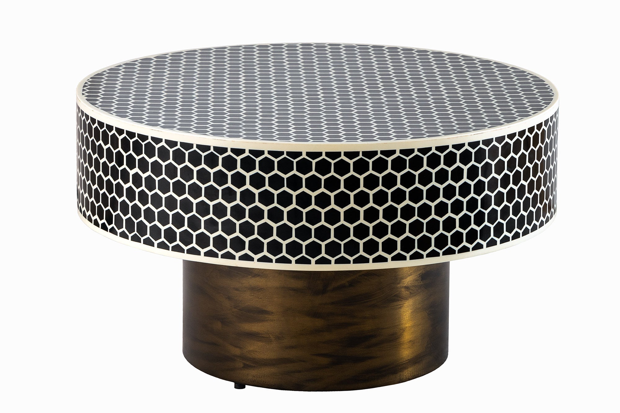HARMONY NATURE mesa de centro redonda de marquetería de hueso 60cm negro blanco incrustación de oro