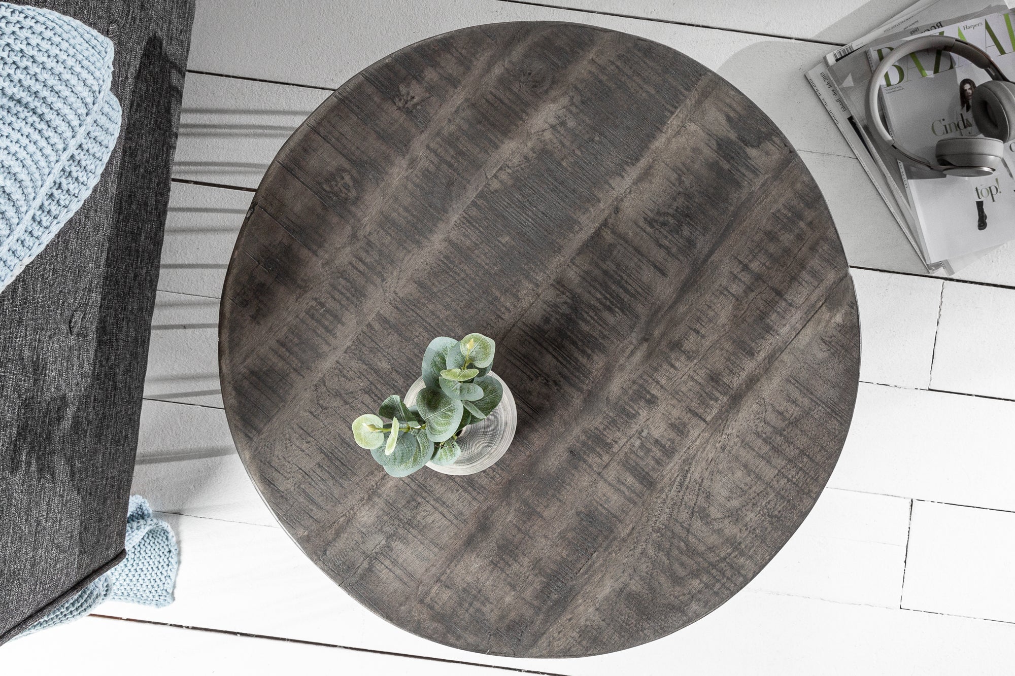 FACTORY LOFT mesa de centro redonda 60cm madera maciza de mango gris marco de metal negro hecho a mano