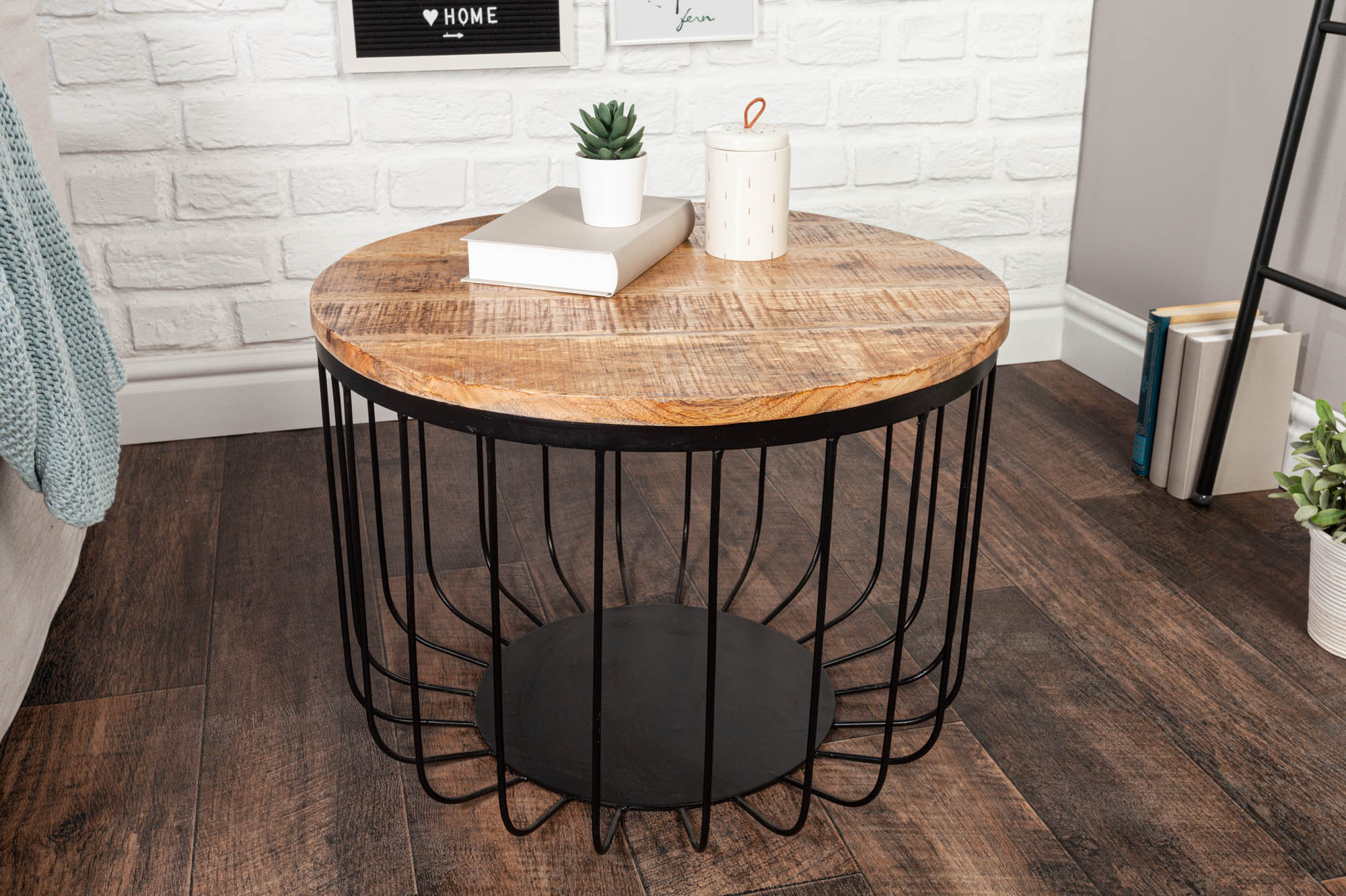 FACTORY LOFT Mesa de centro redonda de 60cm madera de mango natural estructura de metal negro macizo hecho a mano