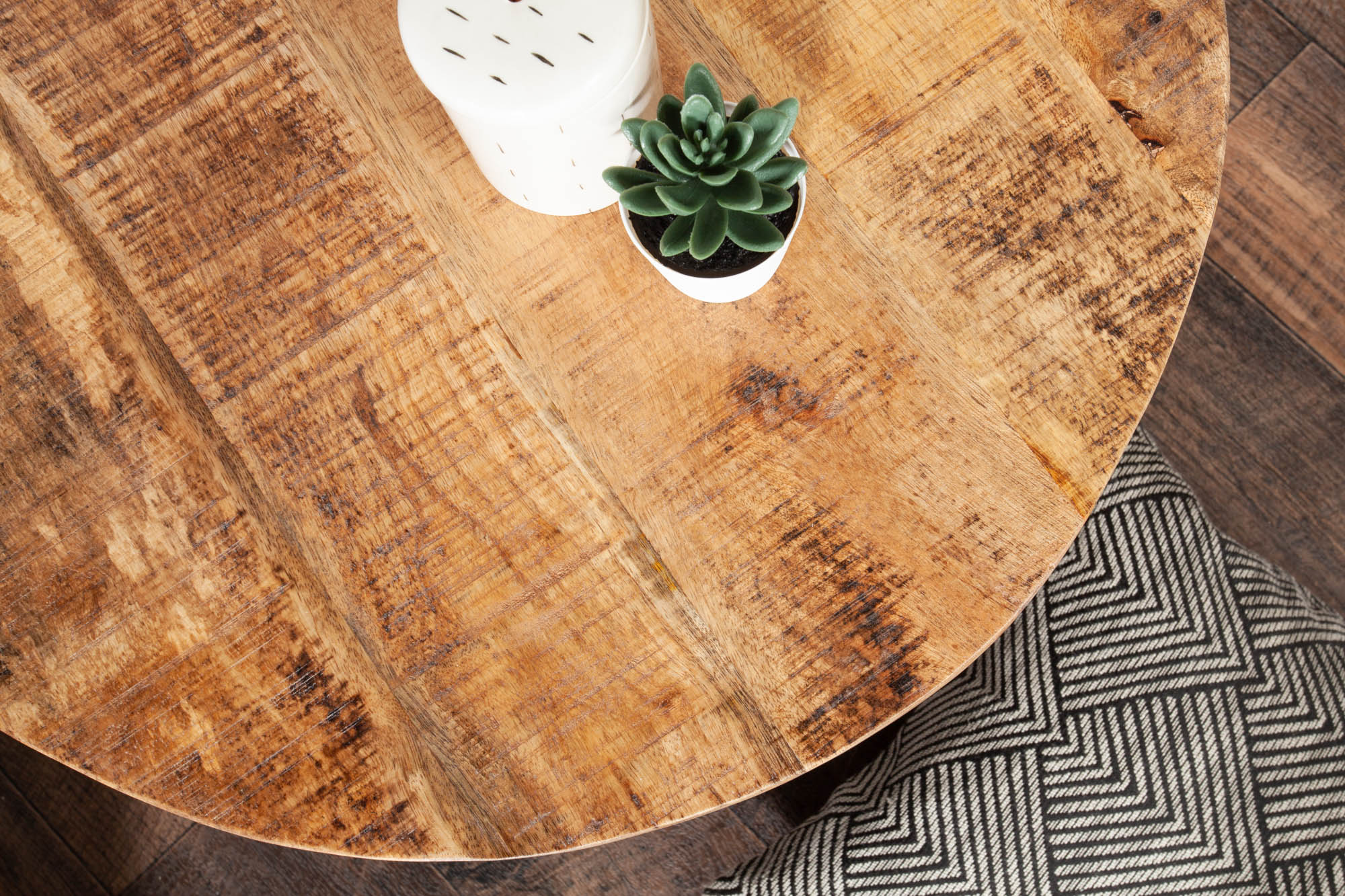 FACTORY LOFT Mesa de centro redonda de 60cm madera de mango natural estructura de metal negro macizo hecho a mano