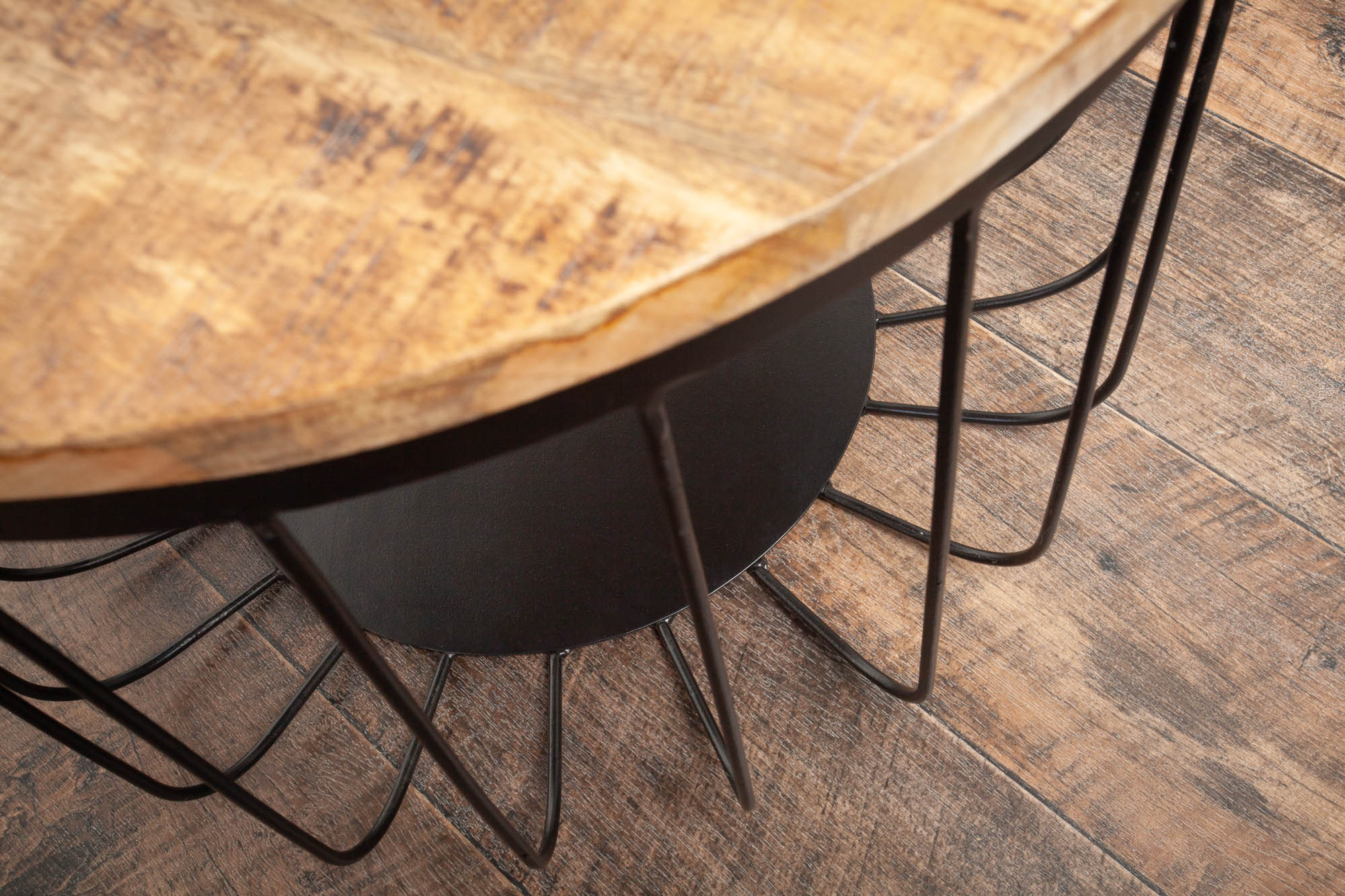 FACTORY LOFT Mesa de centro redonda de 60cm madera de mango natural estructura de metal negro macizo hecho a mano