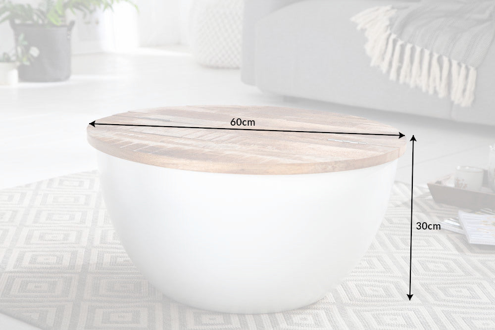 GUARDAMUEBLES INDUSTRIAL Mesa de centro redonda blanca de 60 cm en madera de mango natural con espacio de almacenamiento hecho a mano