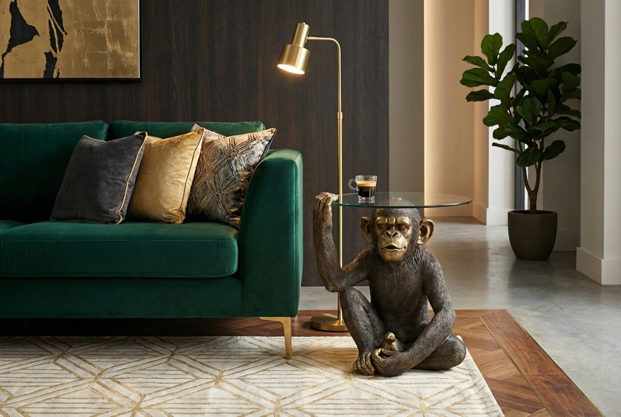 Table basse ronde KING APE 65cm noir or verre figurine de singe fait main