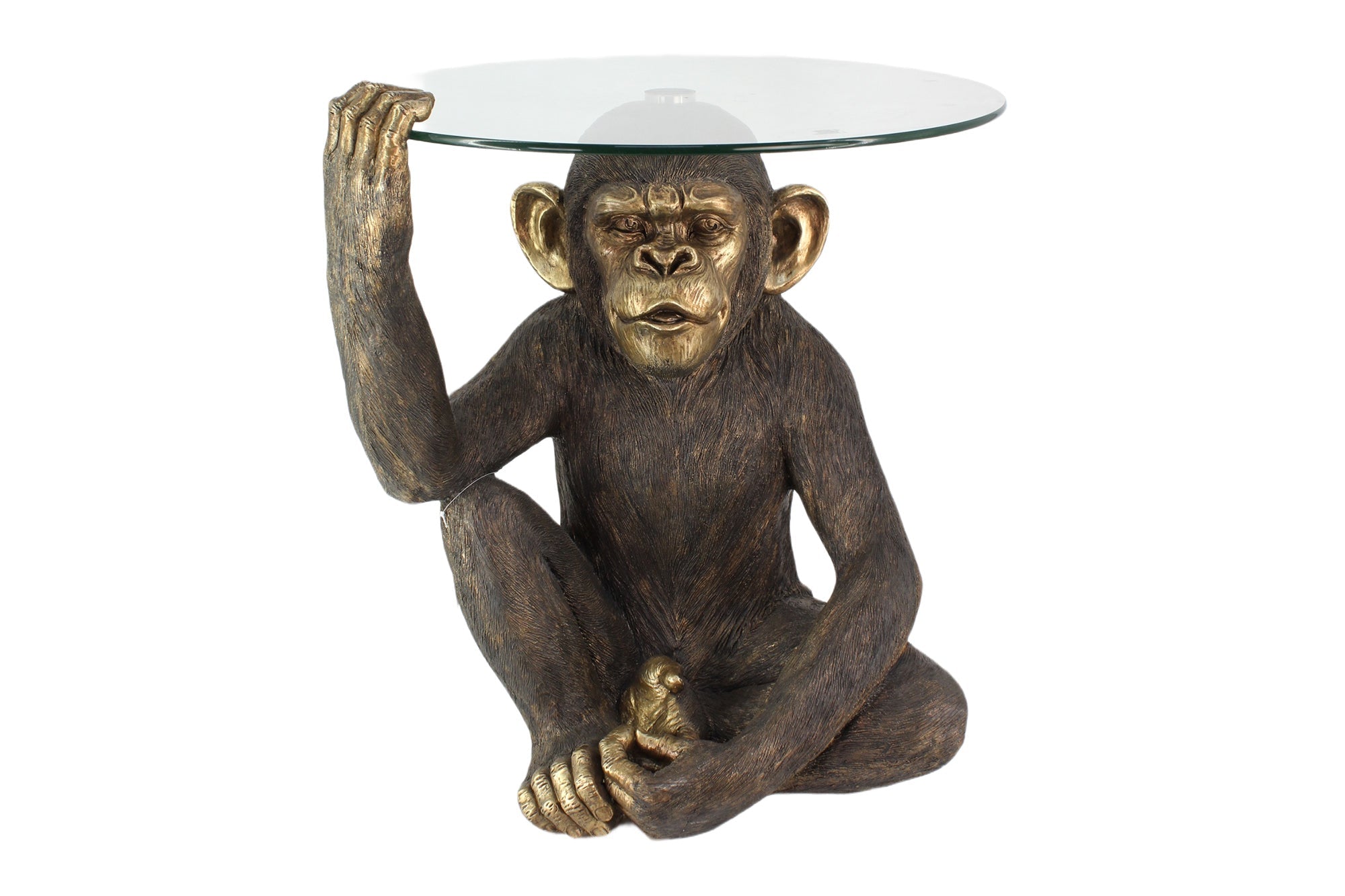 Table basse ronde KING APE 65cm noir or verre figurine de singe fait main