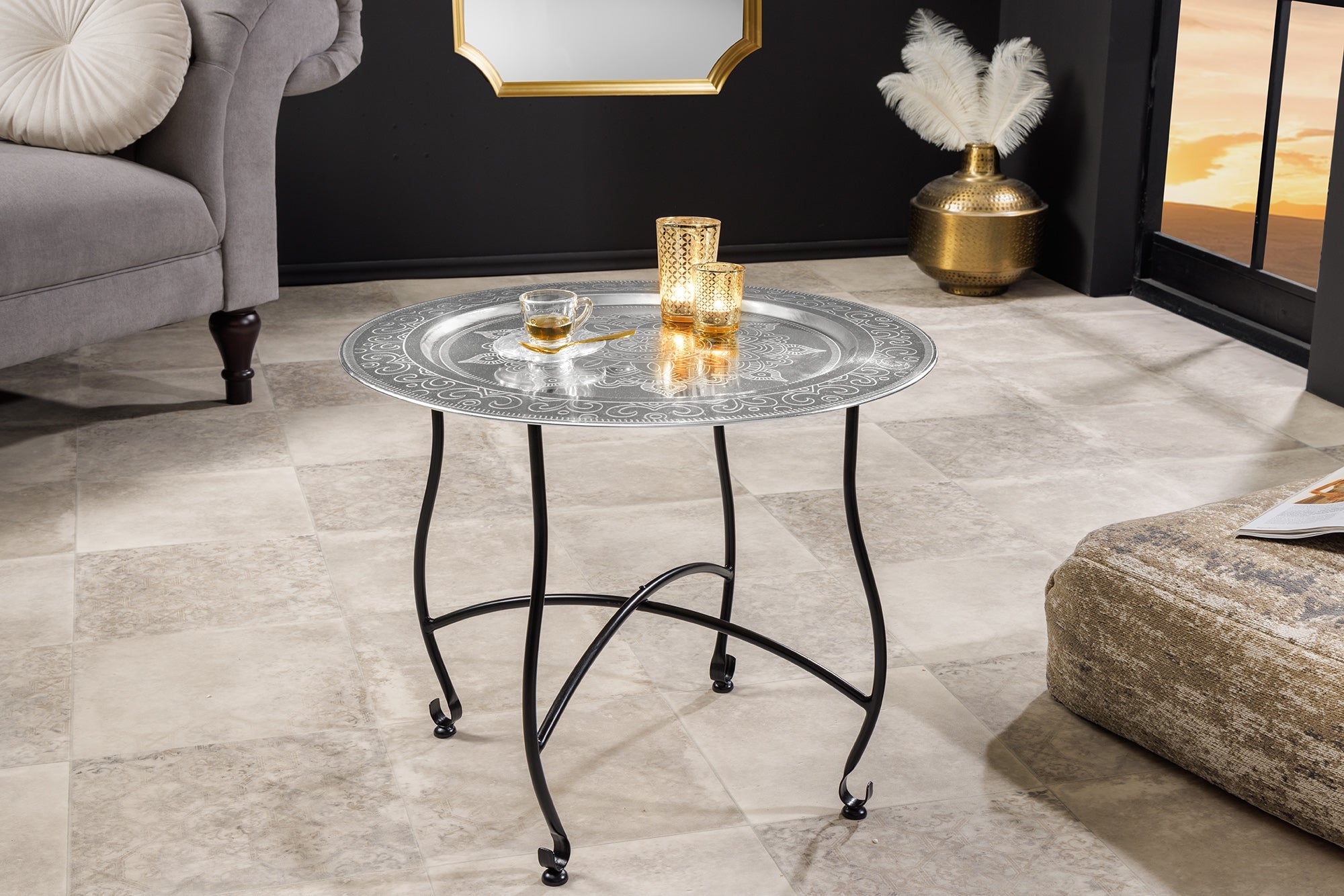 MARRAKESH Mesa de centro redonda plateada de 60 cm con tablero plegable extraíble